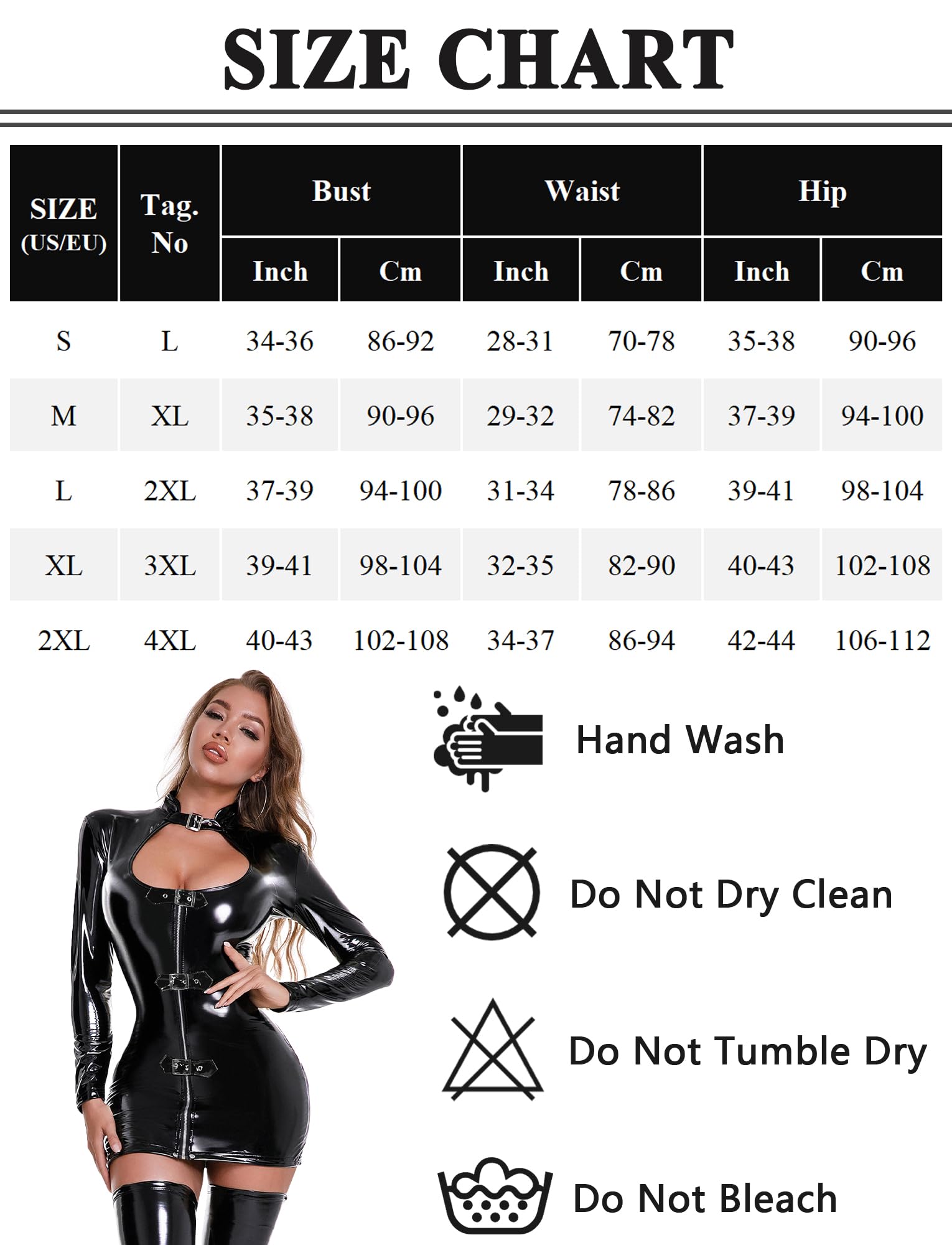 Maeau - Femme Robe Cuir Vernie Moulante Mini Manches Longues Col U Fermeture Éclair Devant Look Brillant Party Club S-XXL