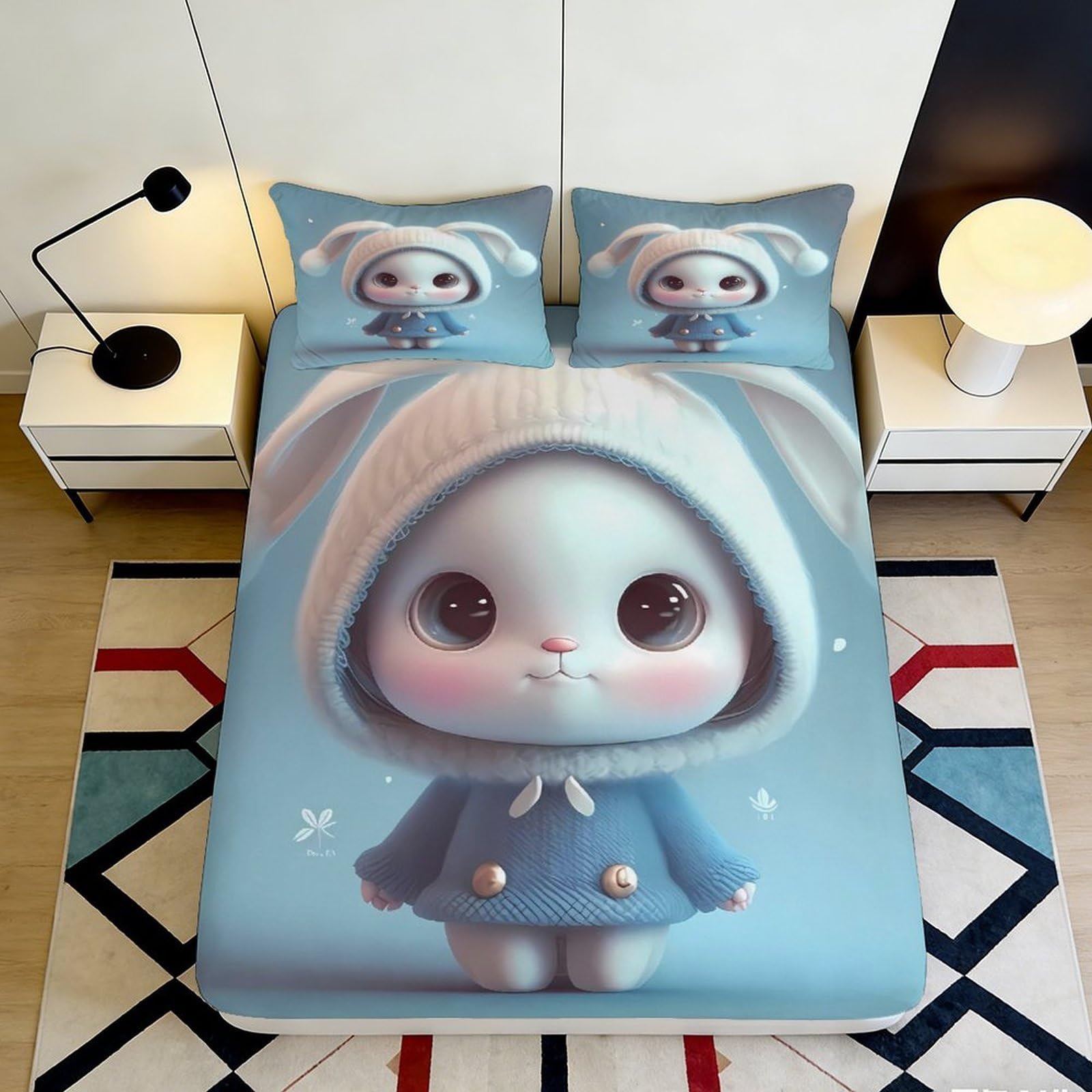 3D Printed Cute Bunny Fitted Sheet Microfiber Non-Slip Deep Pocket Bedroom Bedding Bunny Mattress Fitted Cover Washable 140x200x25cm