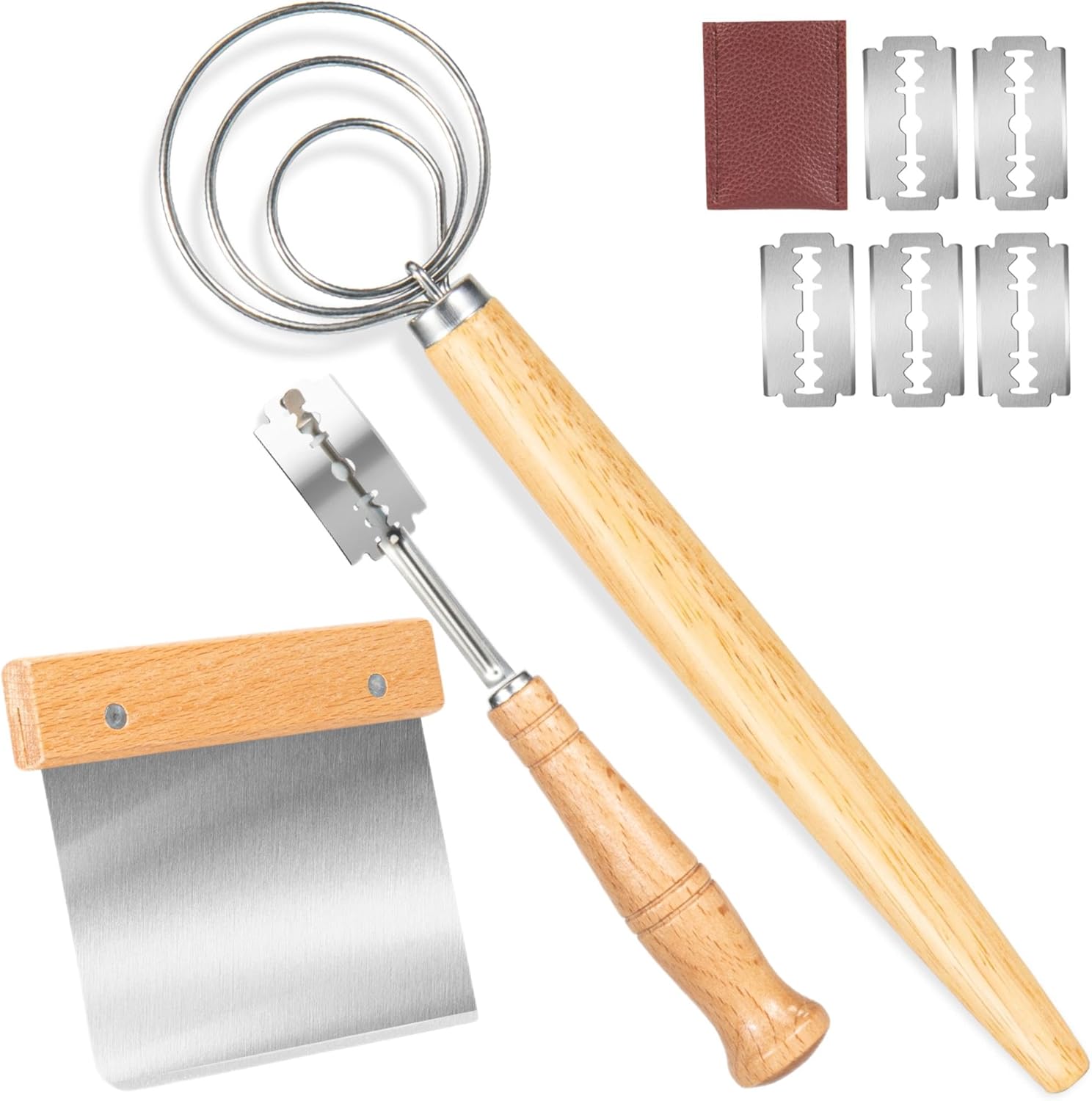 Danish Dough Whisk - Bread Whisk Set of 3 pieces, Bread Making Tools and Supplies, Sourdough Bread Whisk, Dutch Whisk for Dough, With Dough Scraper Bread Cutter, Bread Lame Dough Scoring Tool, Blades