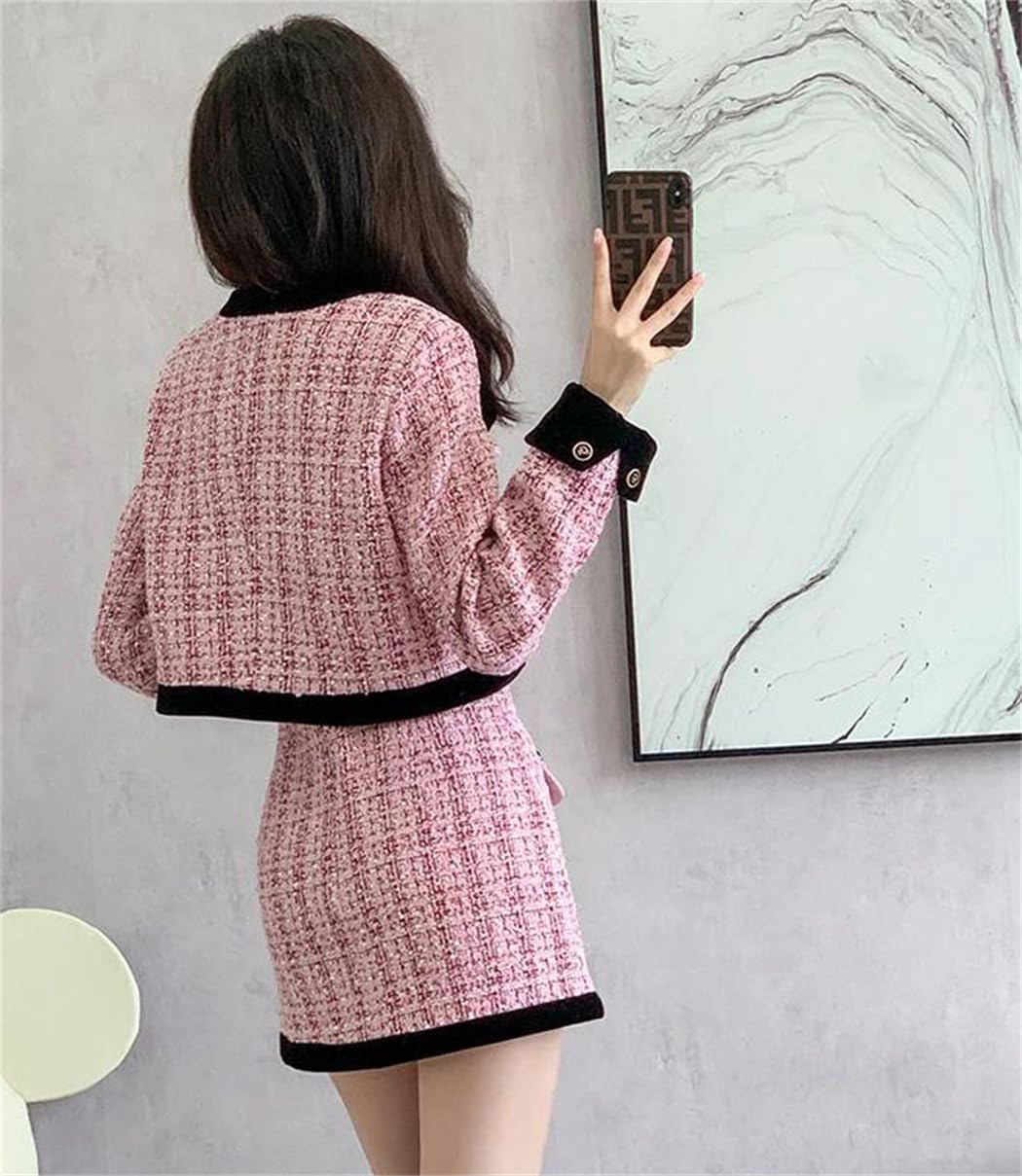 Women's Winter French Tweed 2 Piece Set Check Short Coat with High Waist Skirt Chic Outfit Suits