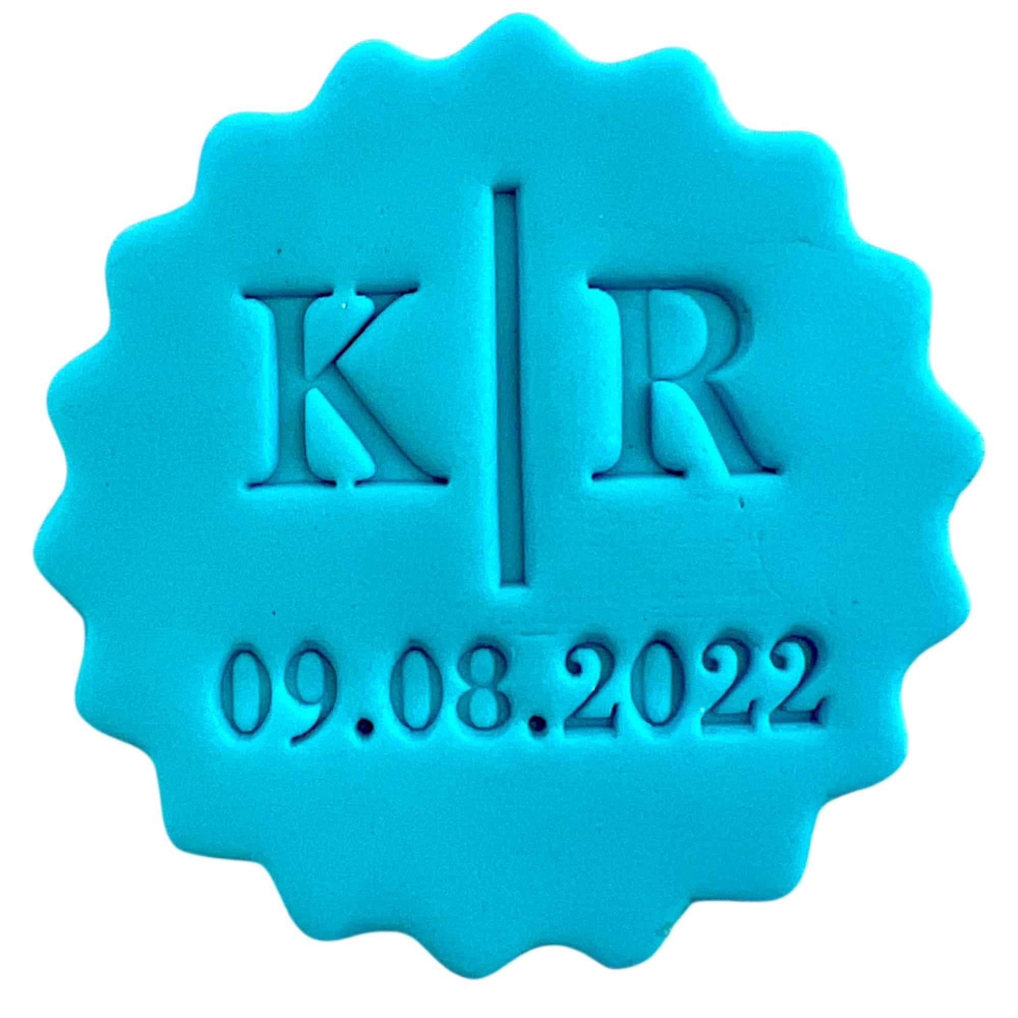 Personalised Cookie Stamp with Free Scallop Cutter, Wedding Couple Initials with Date, 5cm Acrylic Biscuit Embosser, Food-Safe Plastic Baking Tool, Fits M&S All Butter Biscuits (Design 1)