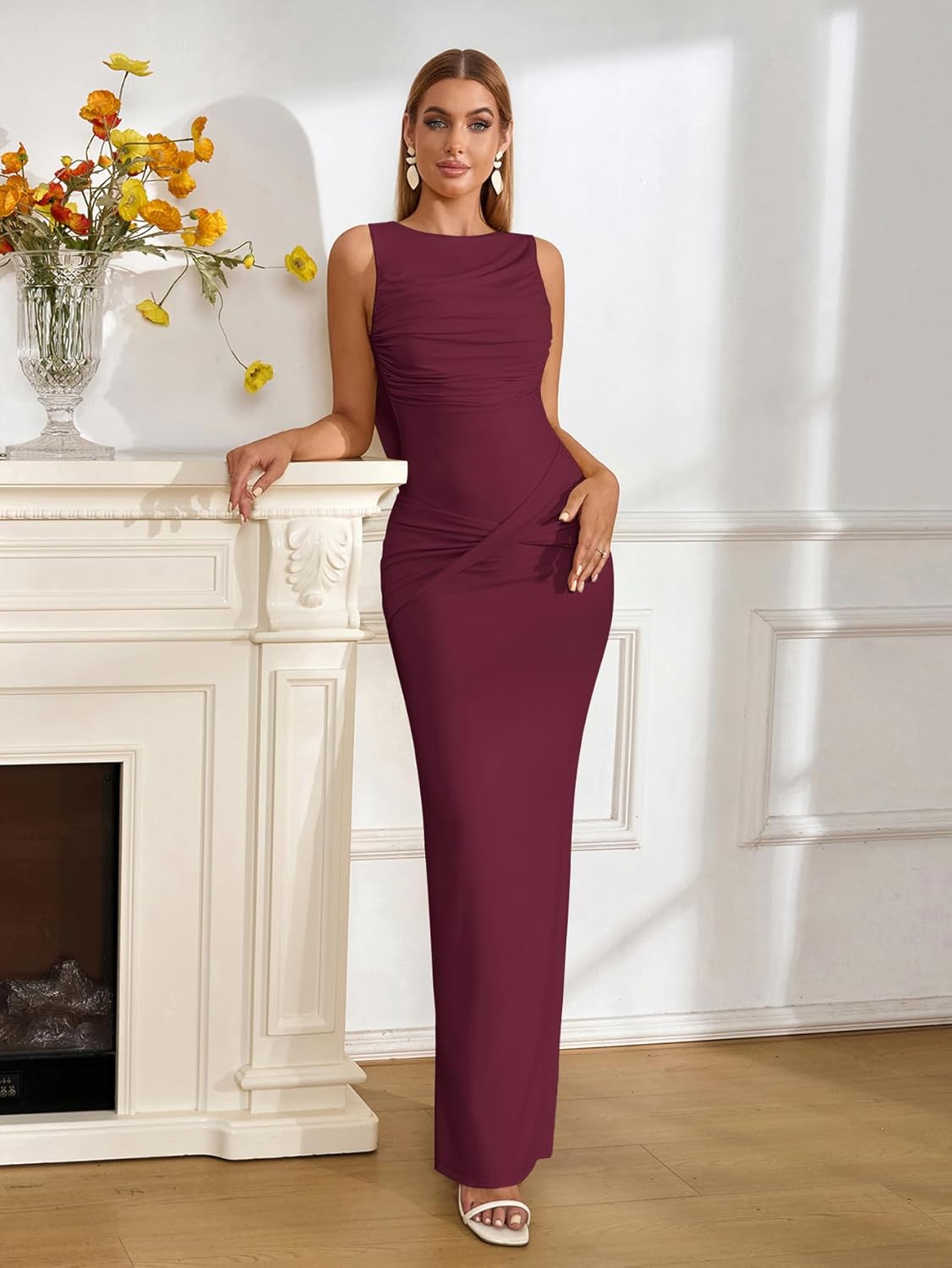 Parthea Women Wedding Guest Dress Bodycon Long Sleeveless Backless Side Slit Elegant Evening Party Cocktail Maxi Dresses