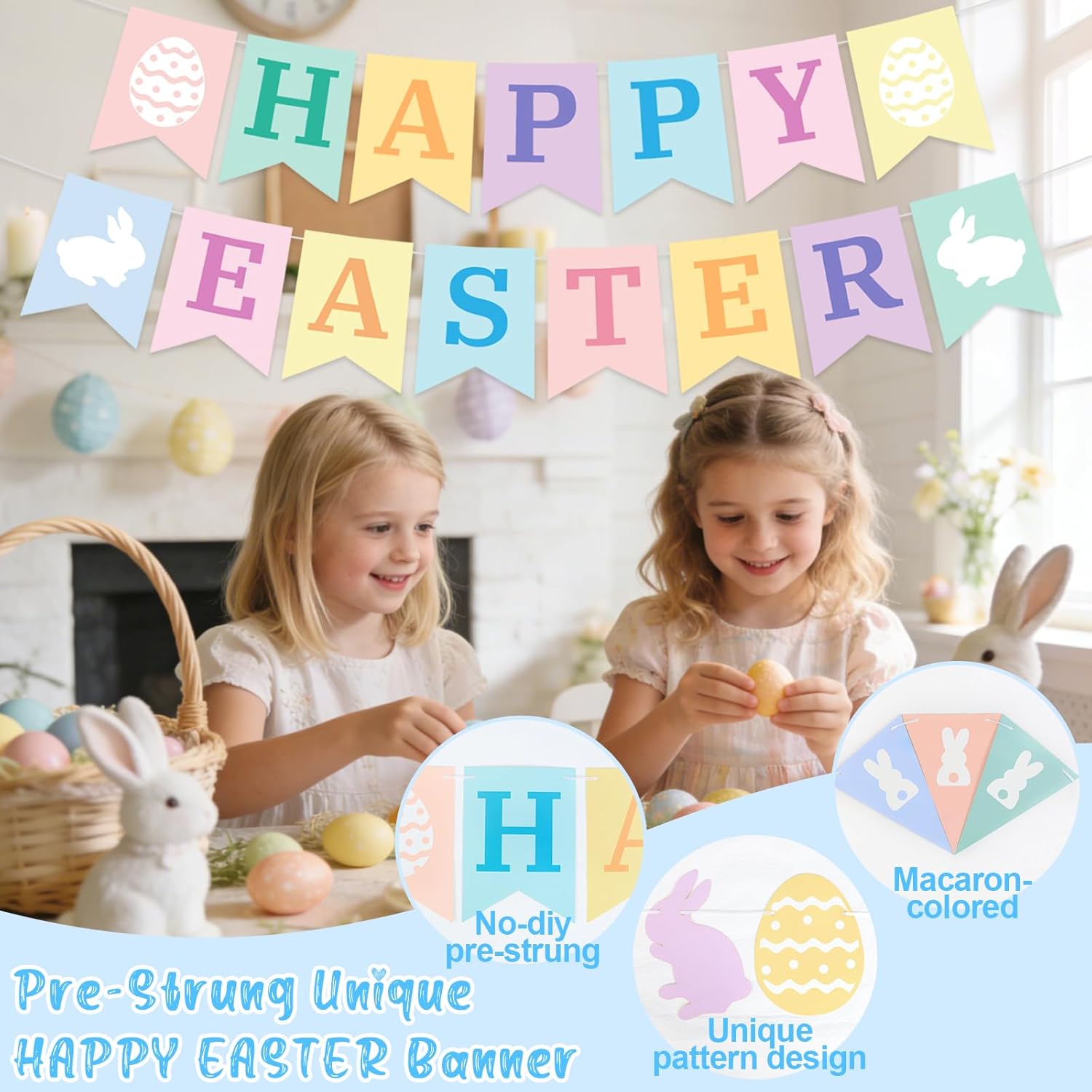 6PCS Pre-strung Happy Easter Banner, Happy Easter Garland Decorations Include Happy Easter Banner Cute Bunny Eggs Sign Circle Garlands for Home Spring Farmhouse Office Mantle Wall Decor