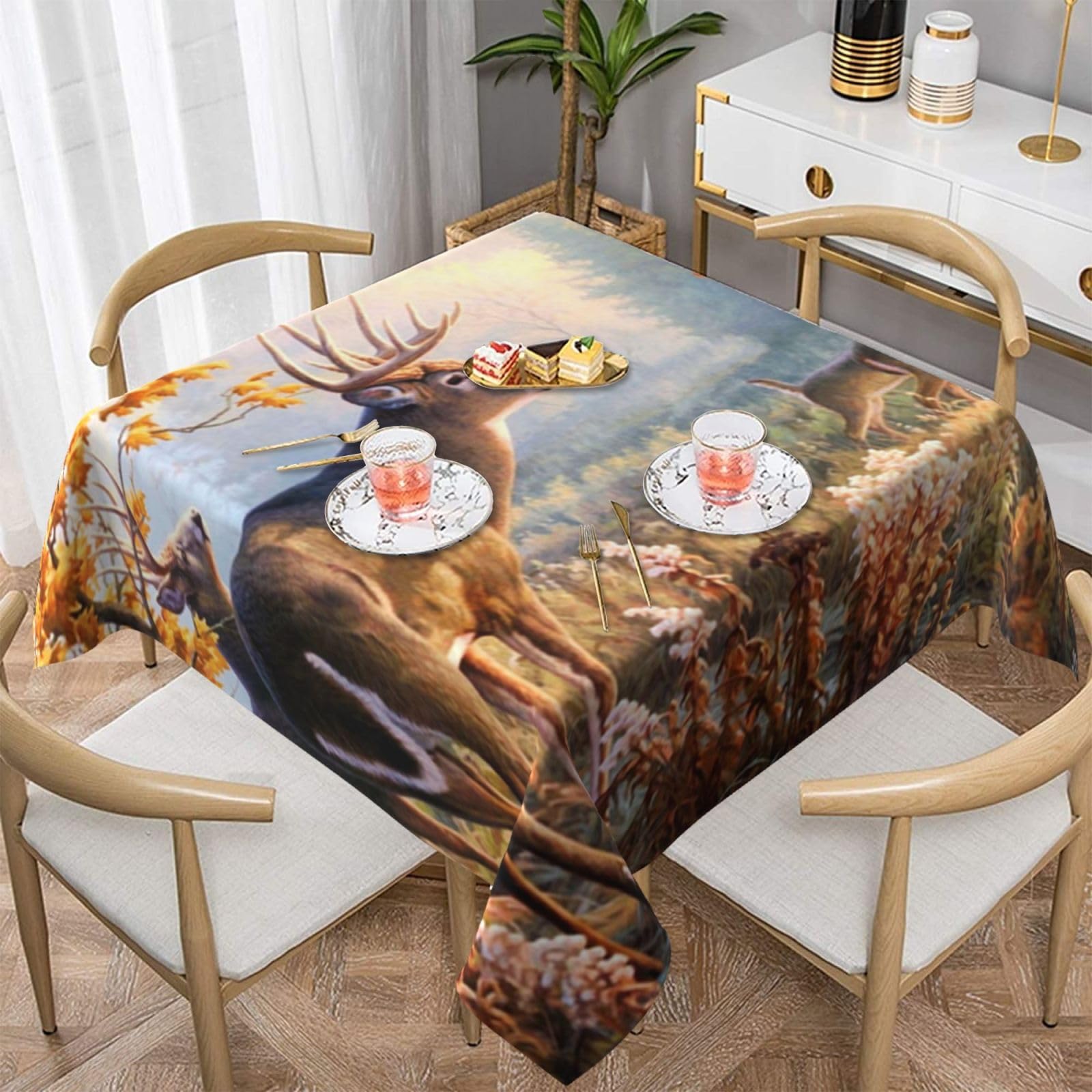 DCEHGEW Deer Wildlife Art Prints Square Tablecloth 137x137 CM, Waterproof Fabric Table Cloth for Dining Table, Farmhouse Table Cover for Kitchen Dining Tabletop Decoration