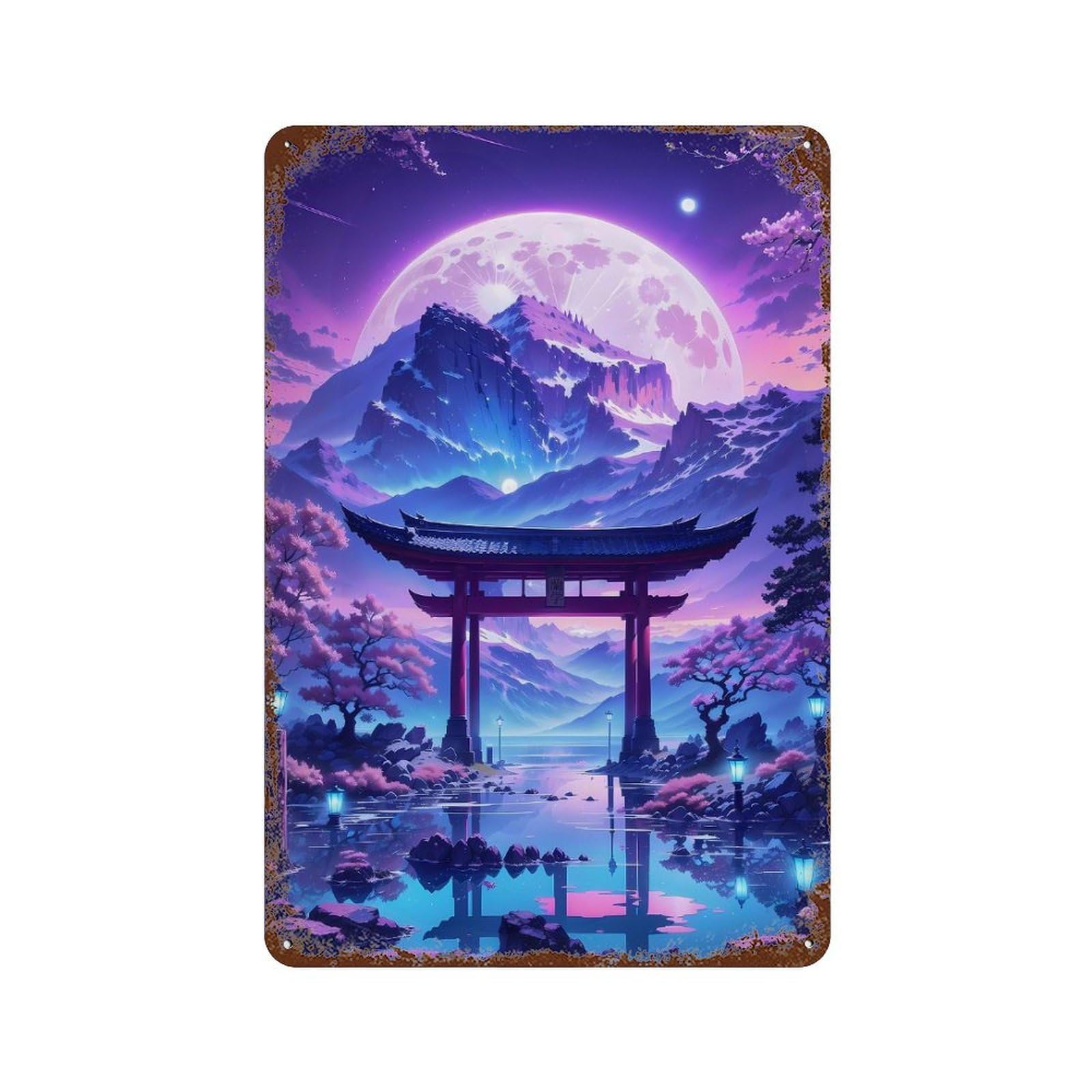 Garage Style Sakura Moonlit Lake Rustic Tin Plaque 11.8"x7.9", Vintage Wall Decor for Bar And Workshop