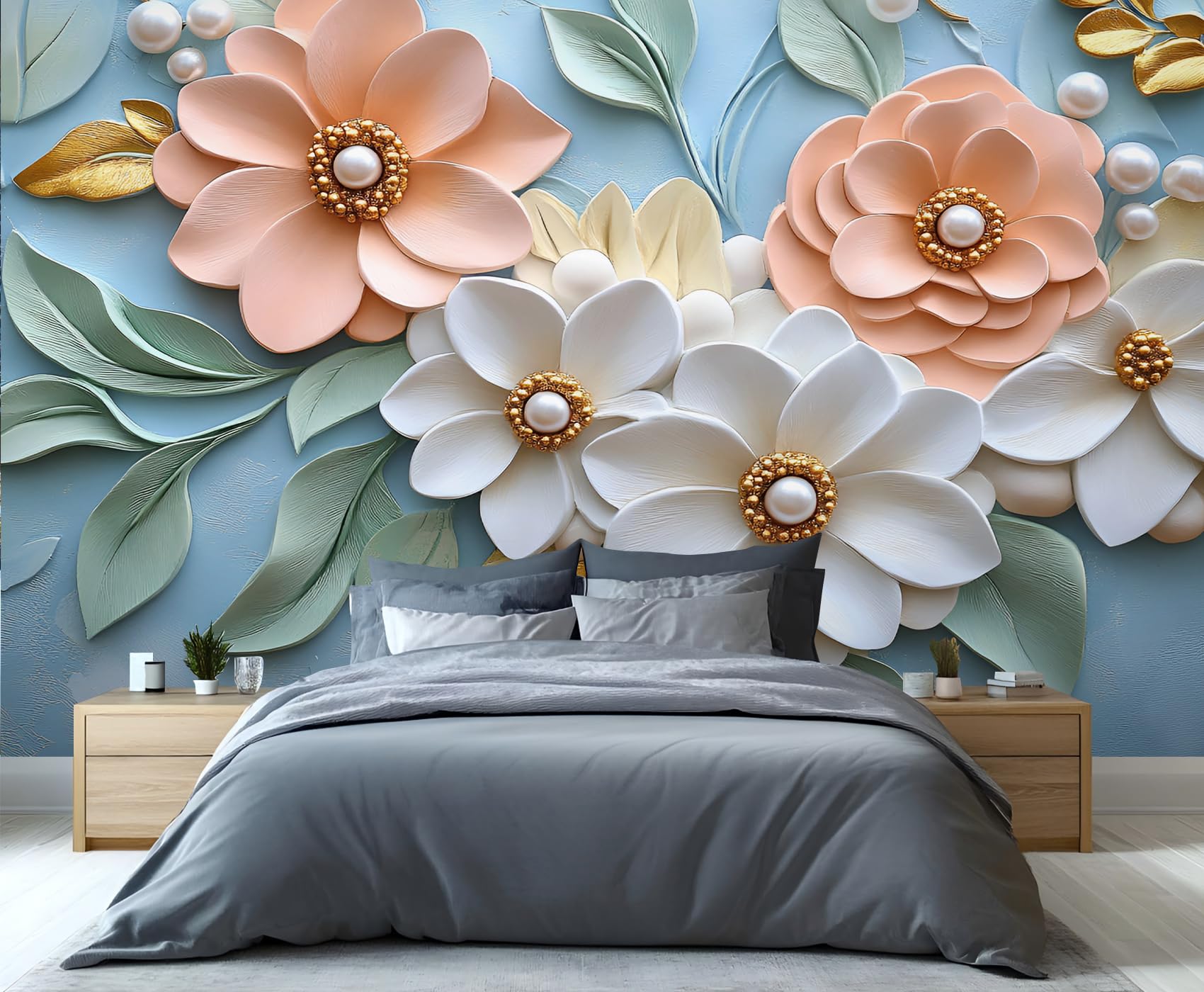 White Blooms Tapete – 3D-geformte Wandtapete – Perlen-Blumenmuster, Schlafzimmertapete für Wohnzimmer, nicht selbstklebend, hellblaue Wandbilder und Heimdekoration