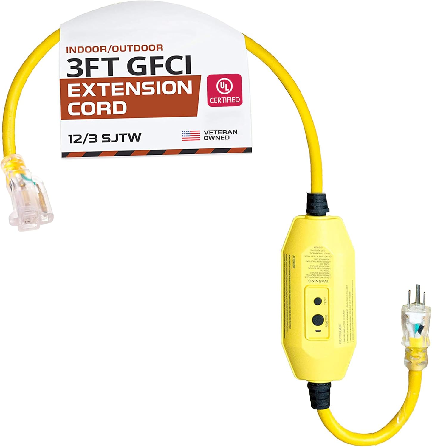 IRON FORGE CABLE 3 Foot Lighted Outdoor GFCI Extension Cord - 12/3 SJTW Heavy Duty Yellow Pigtail Extension Cable with 3 Prong Grounded Plug for Safety, 15 AMP