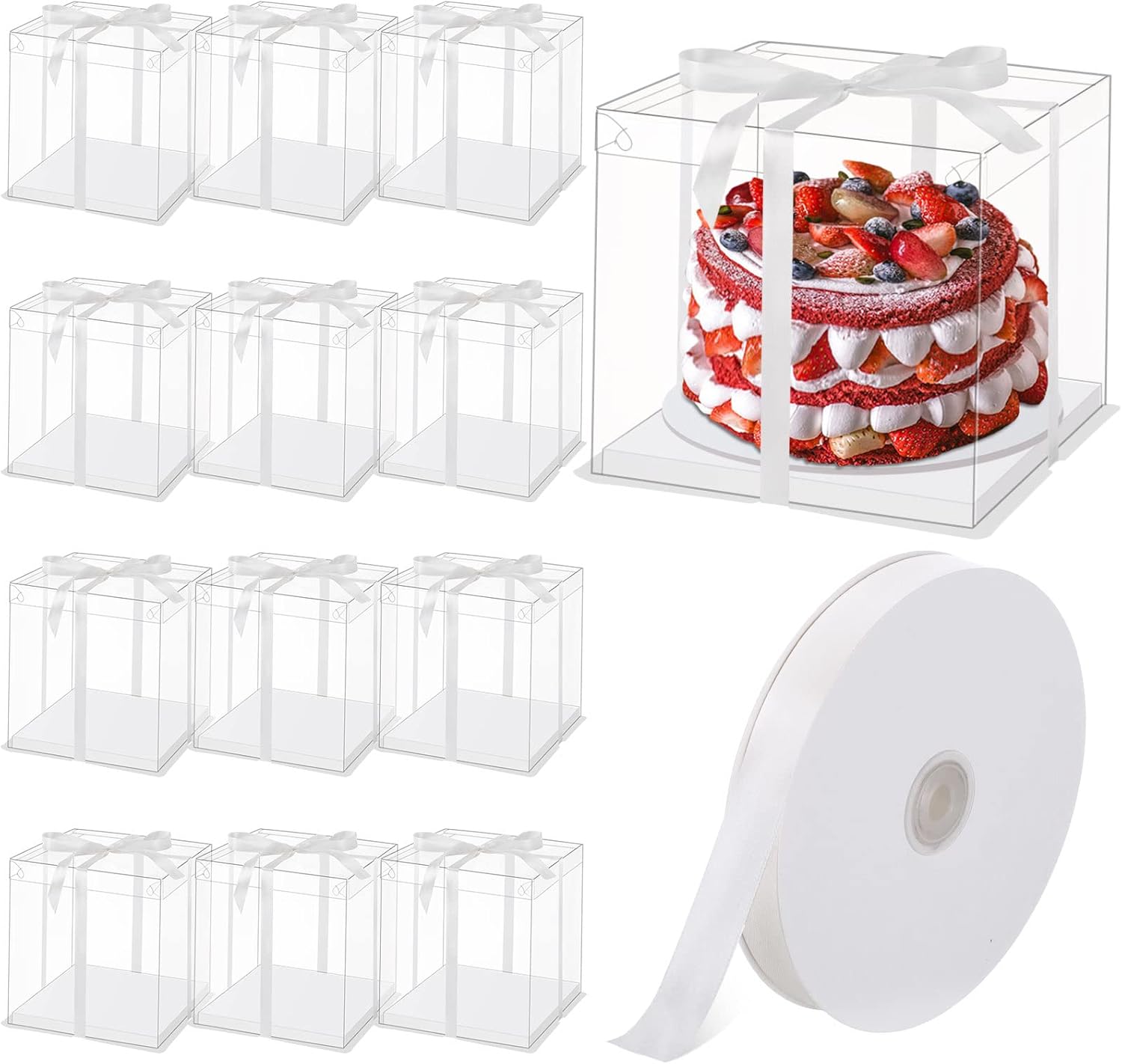 Fuutreo 12 Pcs Clear Cake Box with Ribbon 2-layer 10x10x10 Inch, Transparent Cake Carrier Box with Lids Pet Tall Packaging Clear Gift Boxes for Birthday Wedding Festival Display Party Gift