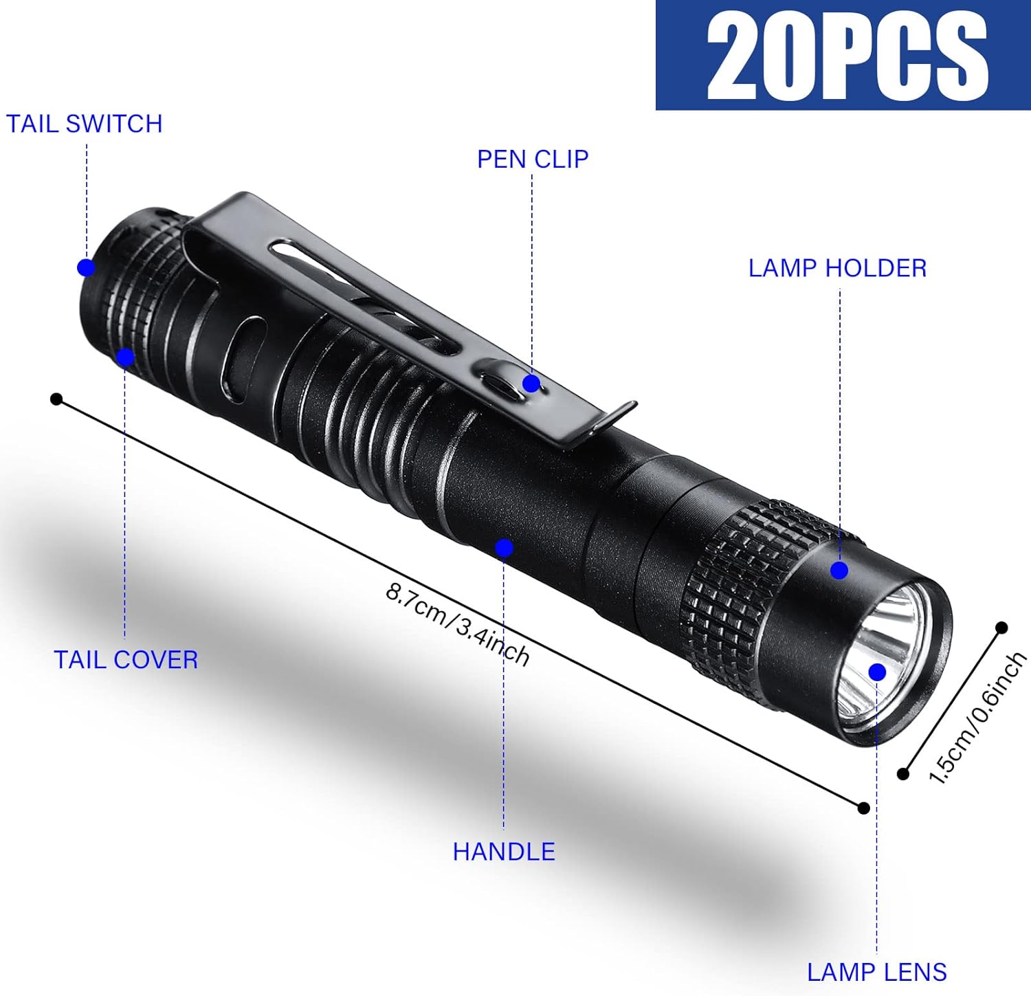 Hortsun 20 Pcs Mini Pen Light Flashlights Father Day Gifts for Men Pocket Flashlights Pen with Clip Small LED Handheld Slim Torches Without Battery(3.54 Inch,Black)