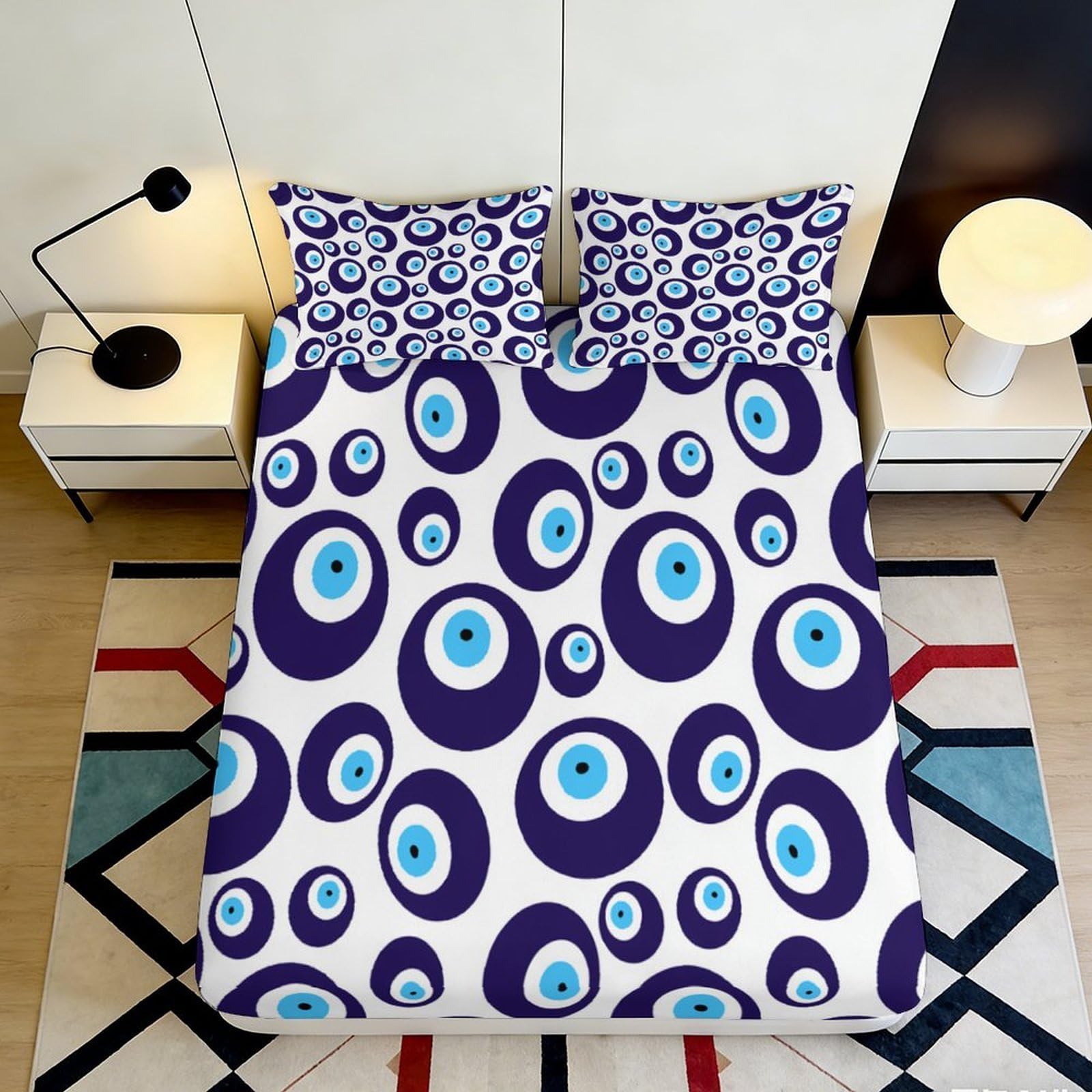 Dhbaneiok Style-3 3D Printed Evil Eye Fitted Sheet Microfiber Soft Blue Circle Pattern Mattress Cover For Bedroom Dorm Decor, Washable 90X200x25cm