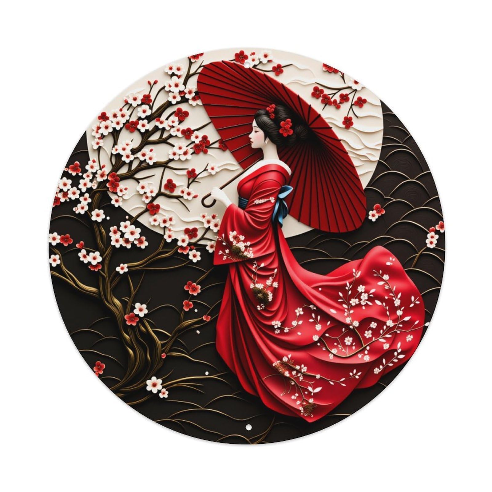 Wmlzdnwr Vintage Red Kimono Cherry Blossom Umbrella Art Pattern Round Tin Sign,Retro Wall Art,Metal Poster For Home, Bar, Garage, Cafe, Rustic Indoor & Outdoor Decor, 8X8 Inches