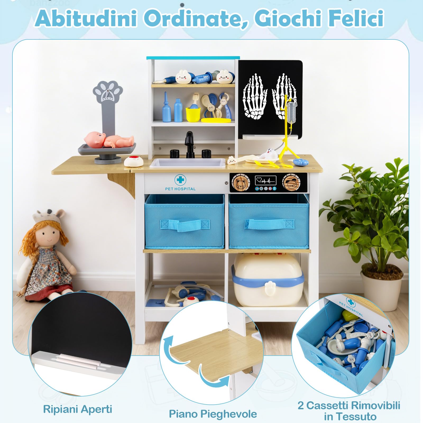 COSTWAY Kit Medico Giocattolo in Legno, Centro Veterinario Pieghevole con Bilancia Animali e 22 Accessori, Gioco Educativo Simulazione Dottore, Regalo per Bambini 3-6 Anni (Bianco)
