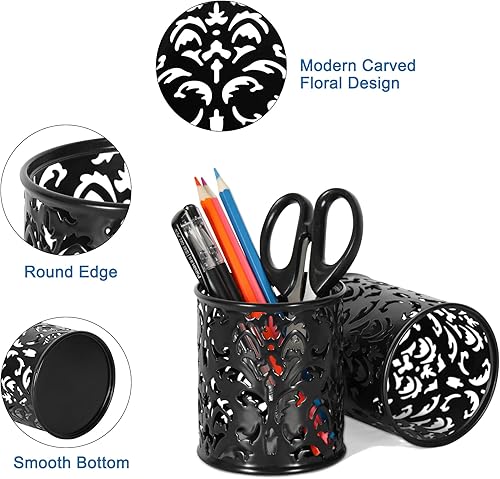 Miniatura 2 de EasyPAG 2 Portalápices floral de 3.25 pulgadas de diámetro x 3.75 pulgadas de alto redondo, Negro