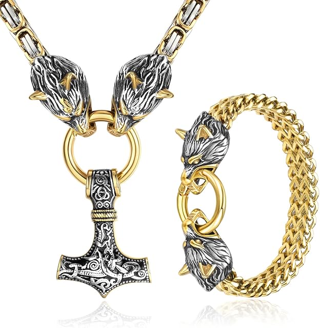 MILACOLATO Mjolnir Necklace Bracelet Silver/Gold Viking Jewellery for Men Stainless Steel Thor Hammer Pendant with 61cm Heavy Chunky Byzantine Chain Necklace Cuban Link Bracelet Chain Gift