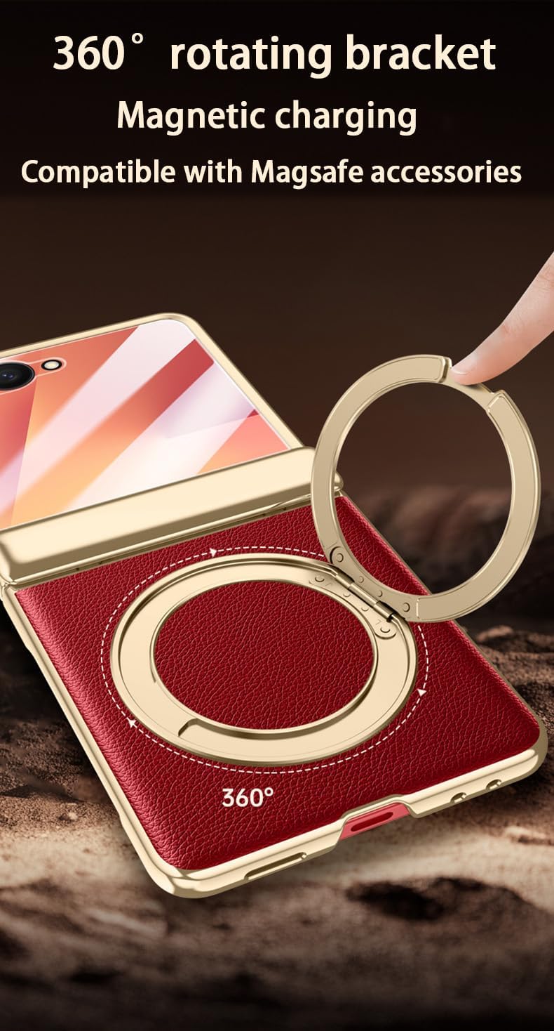 Leather Case for Samsung Galaxy Z Flip7, Hinged Cover for Samsung Z Flip 7, Mobile Phone Shell, Rotating Magnetic Bracket, Cellphone Holster -Black