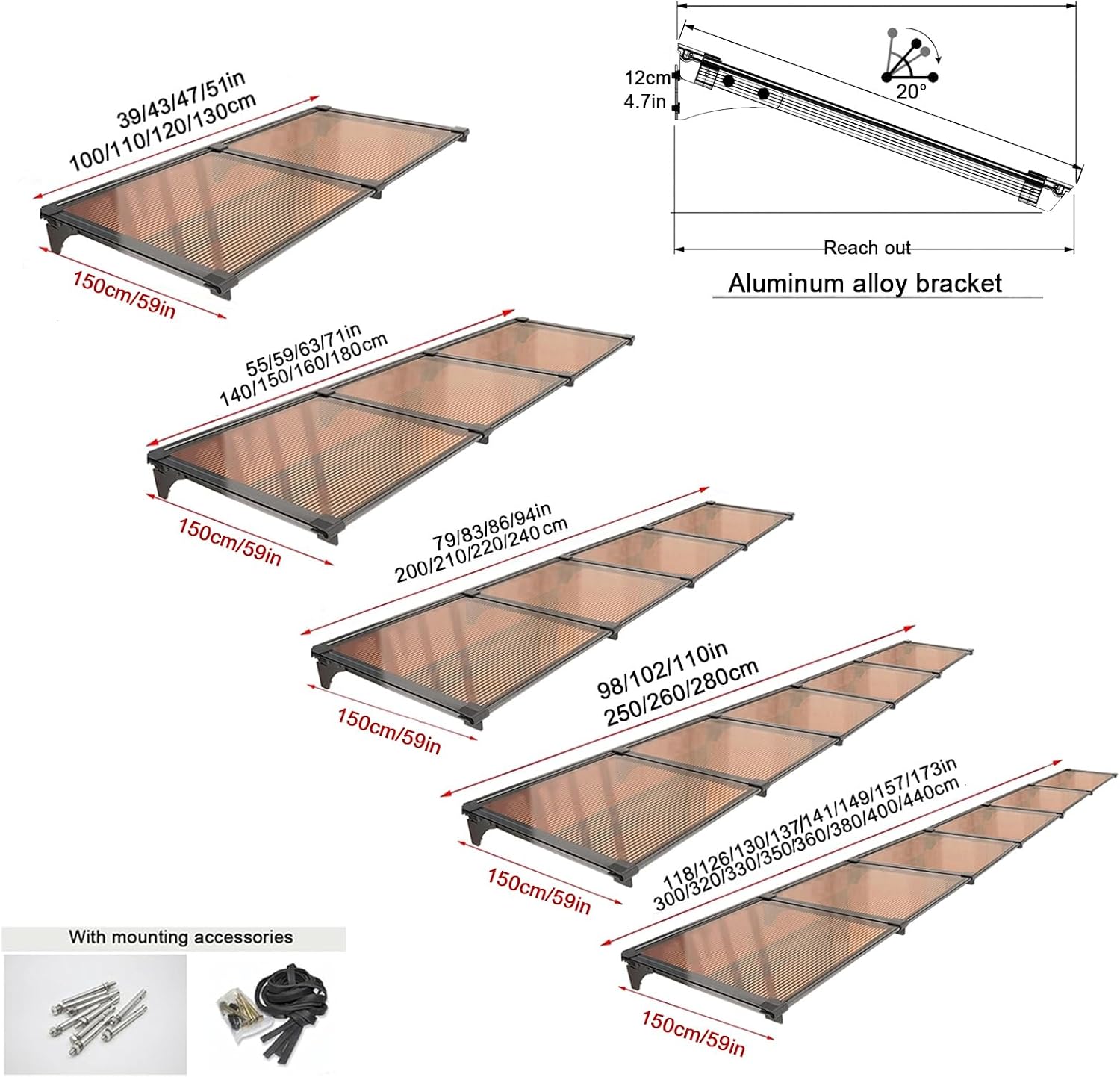 Awnings for Windows Outside，Awning for Door Entrance Aluminum Bracket Awnings ，Front/Windows Overhang Awning Canopy， for Porch/Patio/Cellar UV/Rain/20° Downward tilt(150x150cm/59x59in)