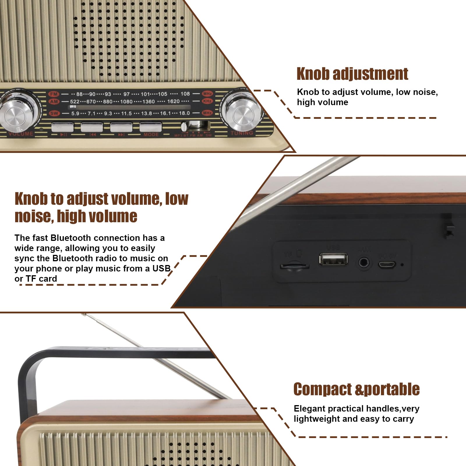 Retro Radio mit Bluetooth AM/FM/SW, Tragbares Nostalgie Kofferradio, Vintage Küchenradio mit USB/TF/AUX, Wiederaufladbar, Einfaches Radio für Senioren, Küche, Büro, Outdoor