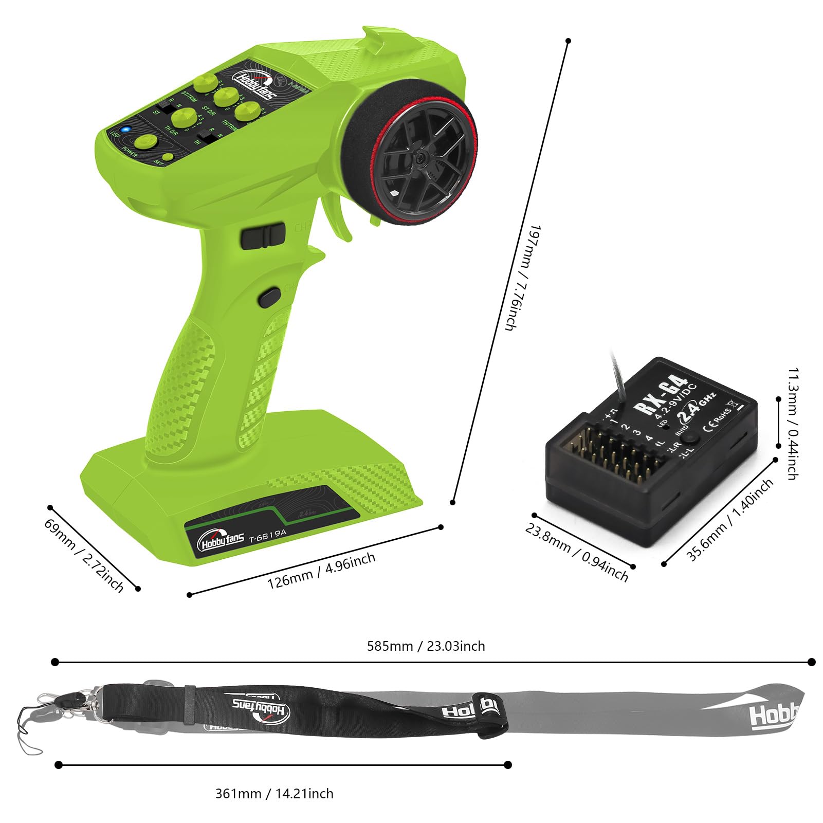Sistema de radio RC 4CH 2.4G Transmisor RC con receptor y cordón, control remoto antiatascos para coche RC Crawler Boat, verde y negro