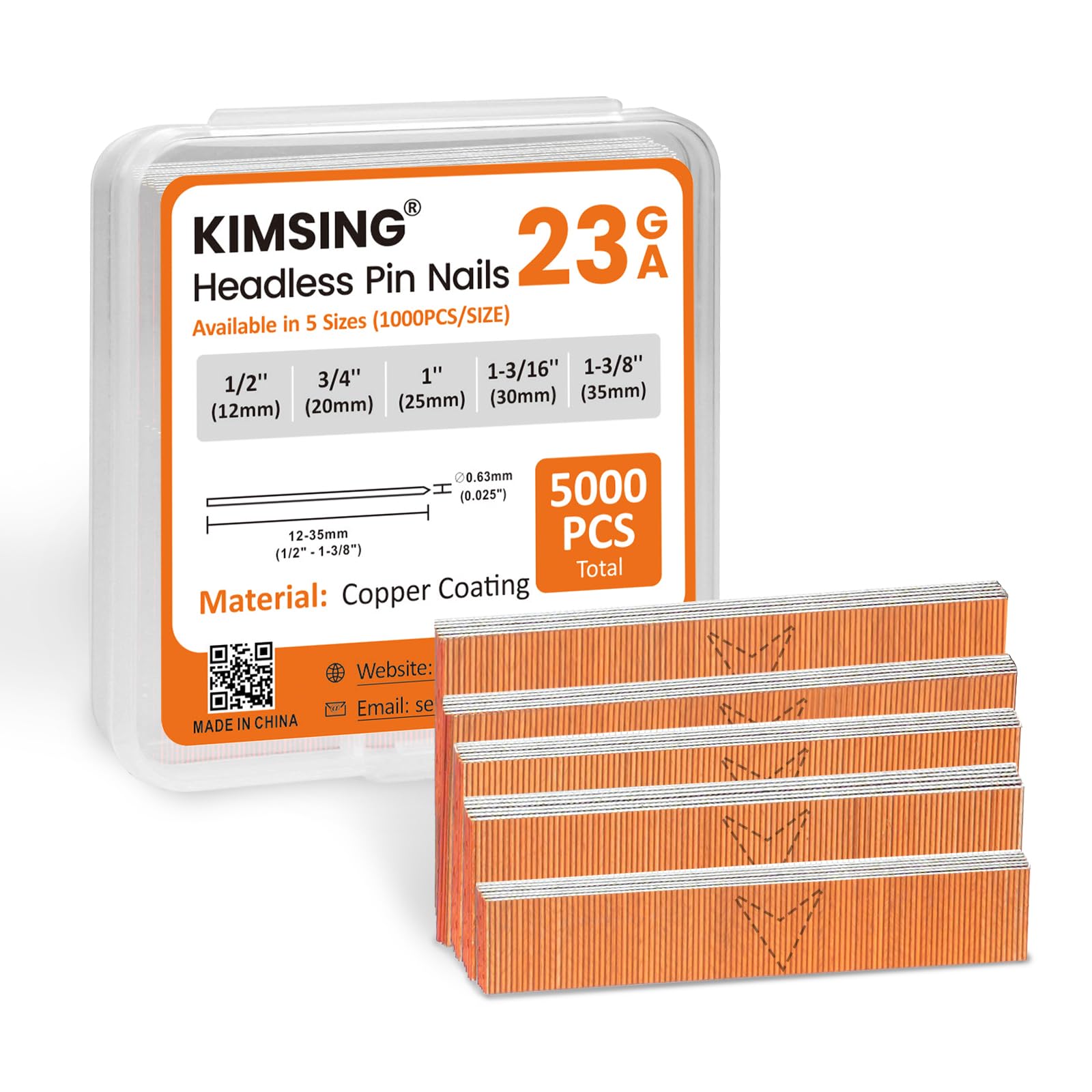 KIMSING 23GA 5 tamaños Puntas Cobre sin Cabeza 5000 pzas para Madera | 5 longitudes 12-35mm (1000 pzas c/u), puntas sin cabeza, cobre anticorrosión, compatibles 23GA, para armarios, muebles