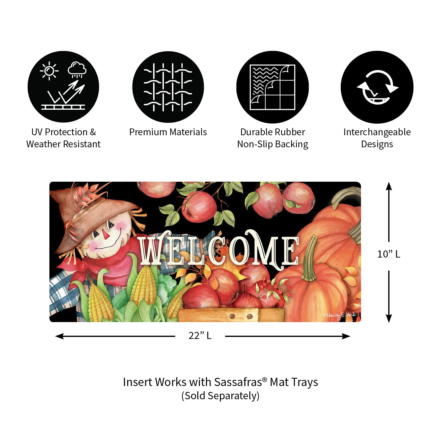 Evergreen Flag Sassafras Harvest Scarecrow Interchangeable Entrance Doormat | Indoor and Outdoor | 22-inches x 10-inches | Non-Slip Backing | All-Season | Low Profile | Home Decor