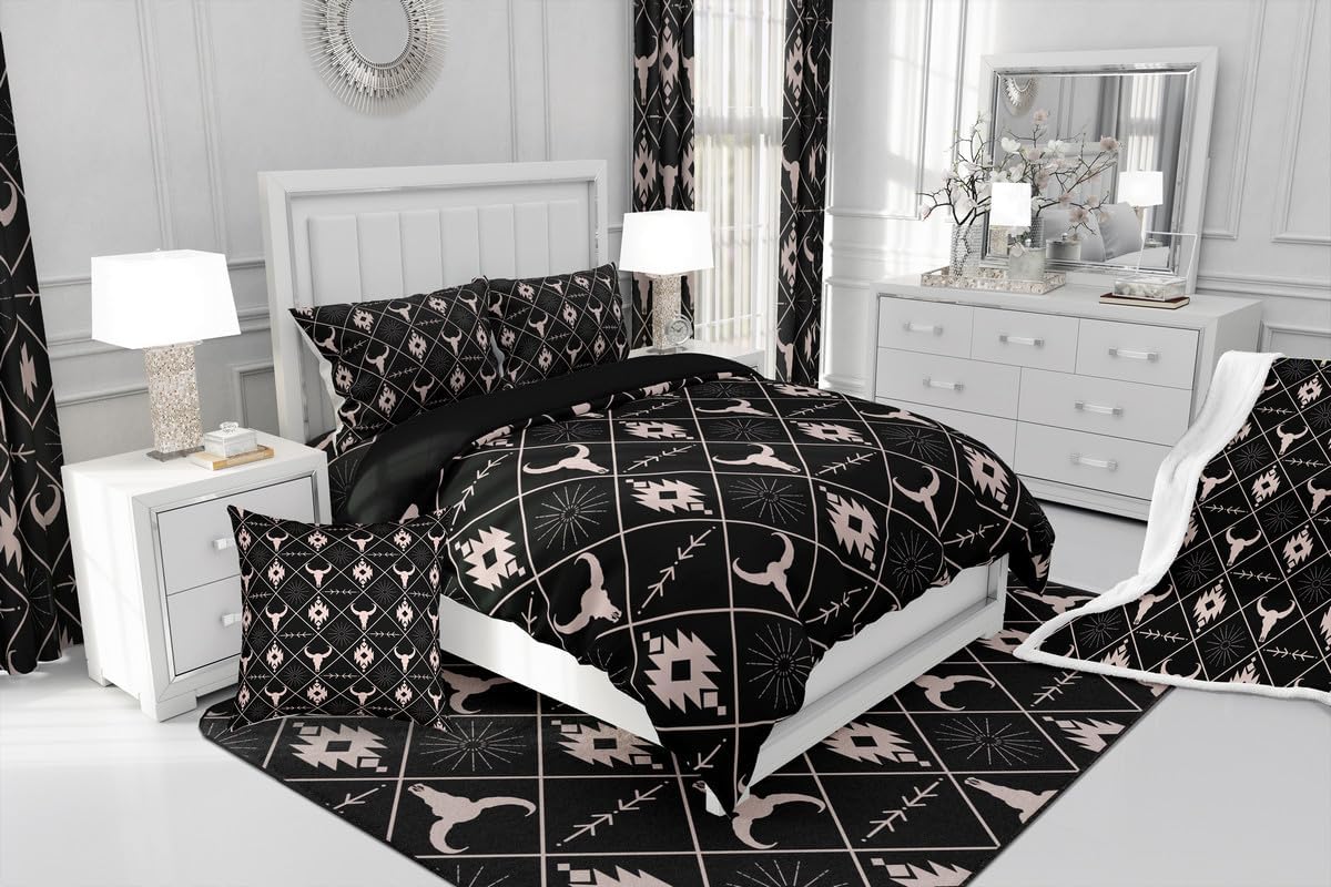 Erosebridal Bull Skull Bedding Set for Boys, Ethnic Western Horns Comforter Cover Queen Size Tribal Aztec Boho Southwestern Duvet Cover Farmhouse Animal Vintage Bed Set, 2 Pillow Cases, Black Brown