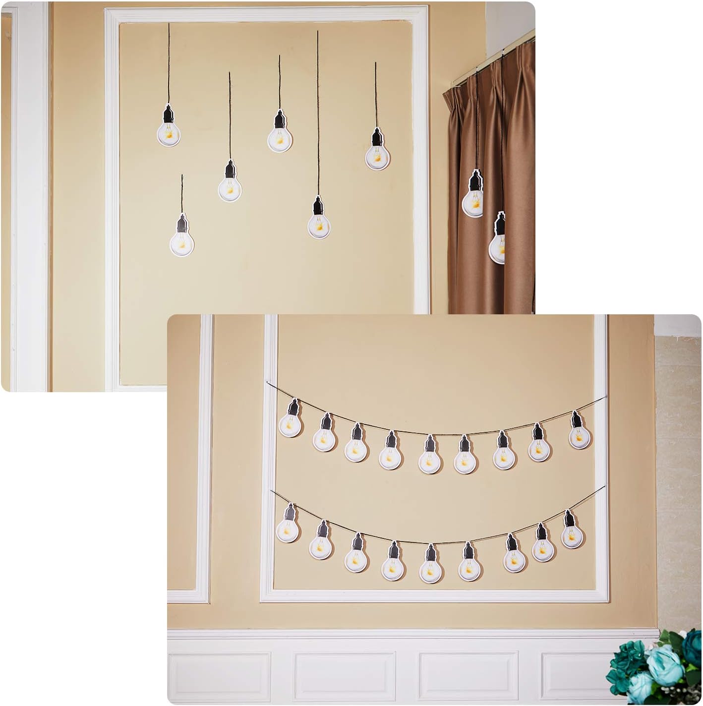 72 Pieces Light Bulbs Cutouts Bulletin Board Decorations Industrial Chic Classroom Decor with Double-Sided Tape and Black Twine, Banner Home Birthday Festive Event Holiday Party(Bright Color)