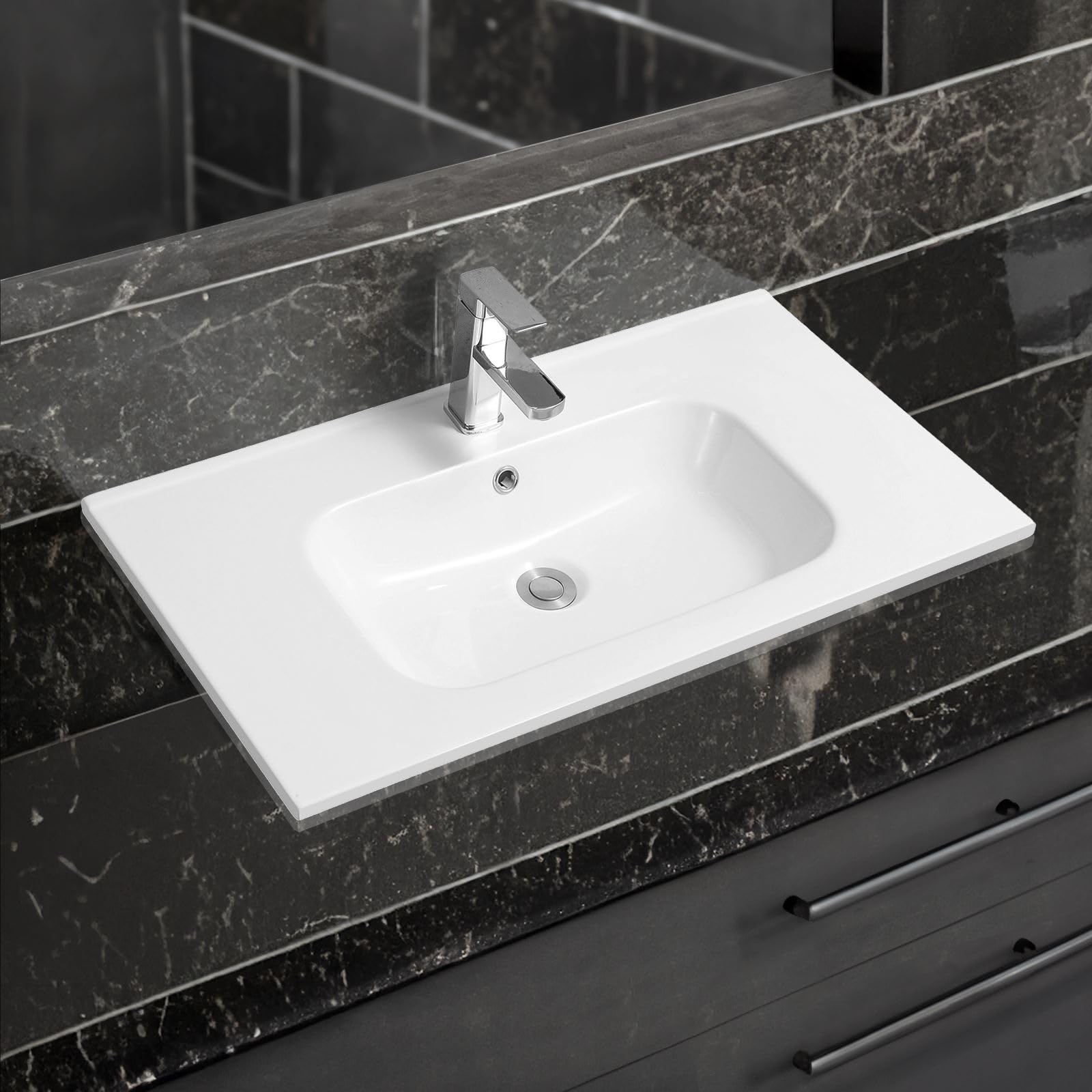 Limoge White 4010 Ceramic 81Cm Thin-Edge Inset Basin With Oval Bowl - Ceramic - 81Cm