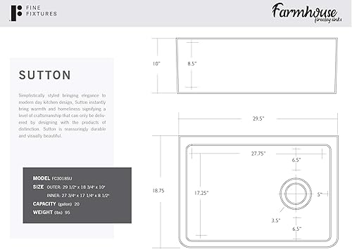 Miniatura 7 de Fregadero de arcilla refractaria, fregadero de cocina con delantal de granja de un solo tazón, blanco, (30 pulgadas)