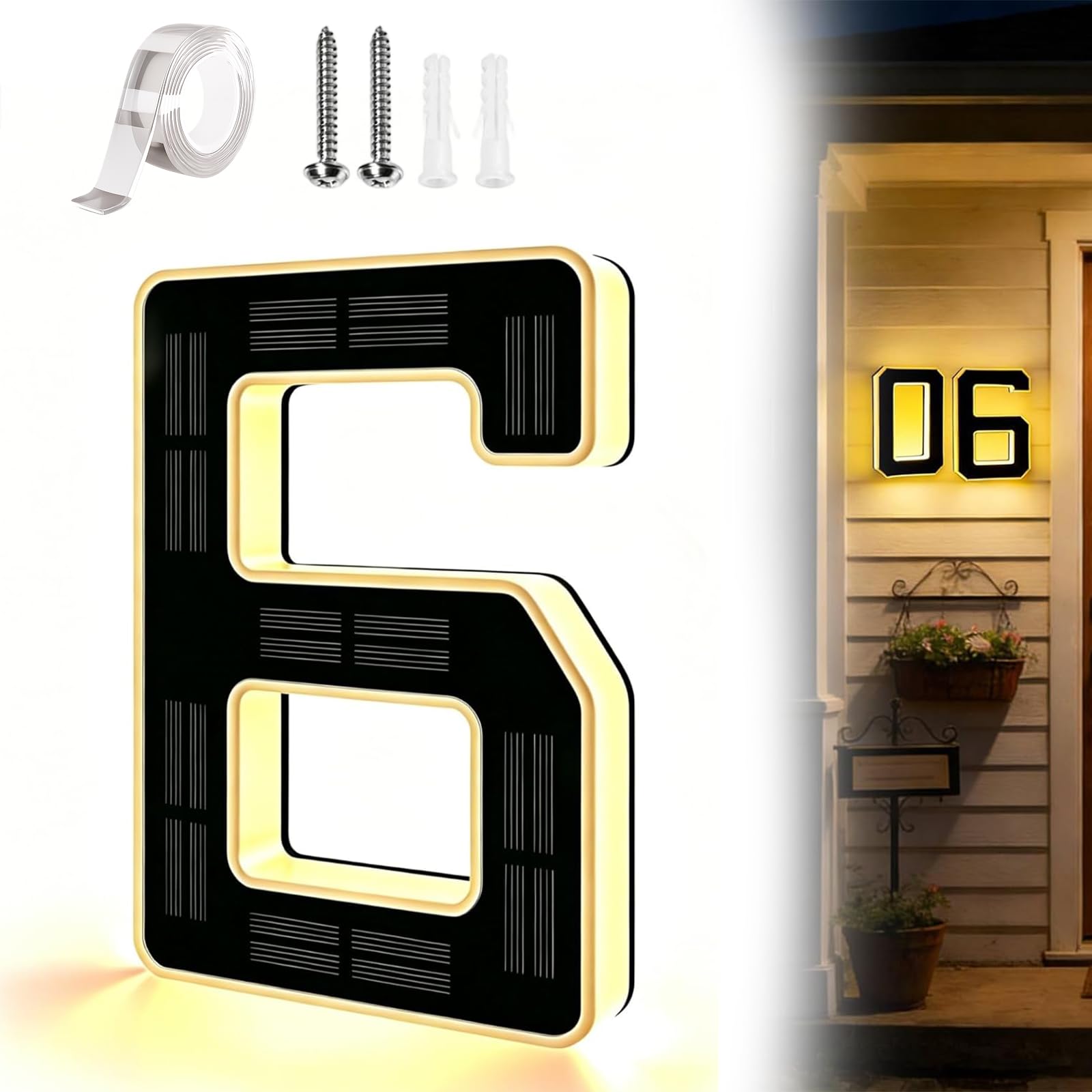 Solar Lighted House Numbers for Outside, Large 9 Inch Waterproof LED Address Numbers Signs, Modern Solar Powered Illuminated House Number Plaque for Exterior Night Visibility (6)
