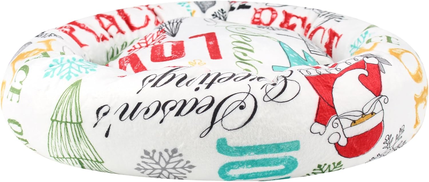 Levtex Home - Santa Claus Lane - 23in x 14in x 6in - Pet Bed - Christmas Sentiment and Santa - White, Red, Green, Teal, Black - 100% Polyester Velour