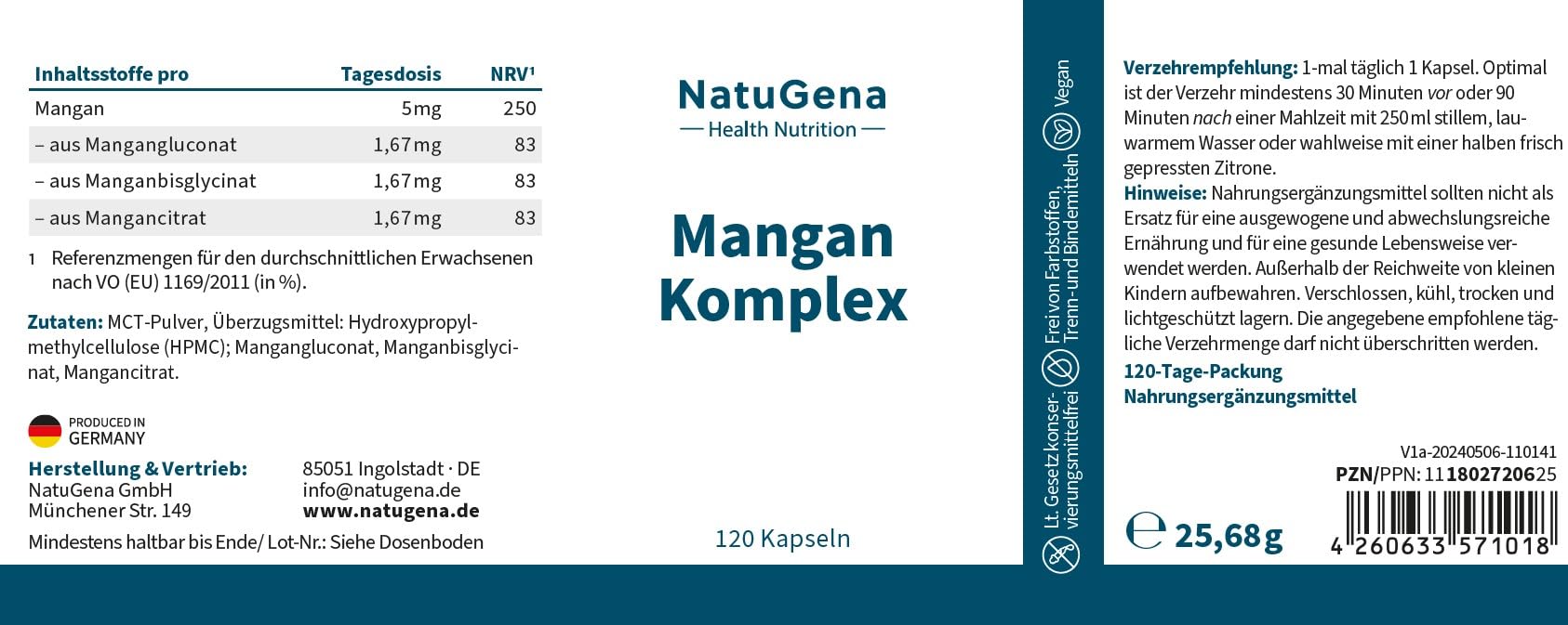 NatuGena Mangan-Komplex, Gluconat, Bisglycinat, Citrat, trägt zu einem gesunden Energiestoffwechsel bei, 120 Kapseln (120 Tage Packung)