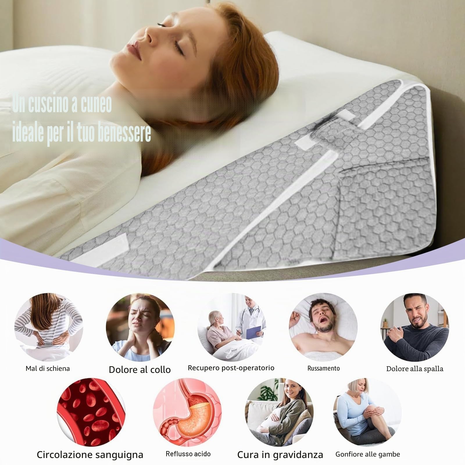 Set di 2 cuscini a cuneo, in memory foam, rimovibili, inclinabili, con poggiatesta per sollevamento gambe, supporto schiena, reflusso acido, russare, post-chirurgia, lettura (grigio)