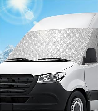 Windshield Cover for Mercedes Sprinter Van 2007-2026, Class C Windshield Snow Cover, Front Window Sunshade for UV Protection & Privacy Shield, White with Mirror Cutouts
