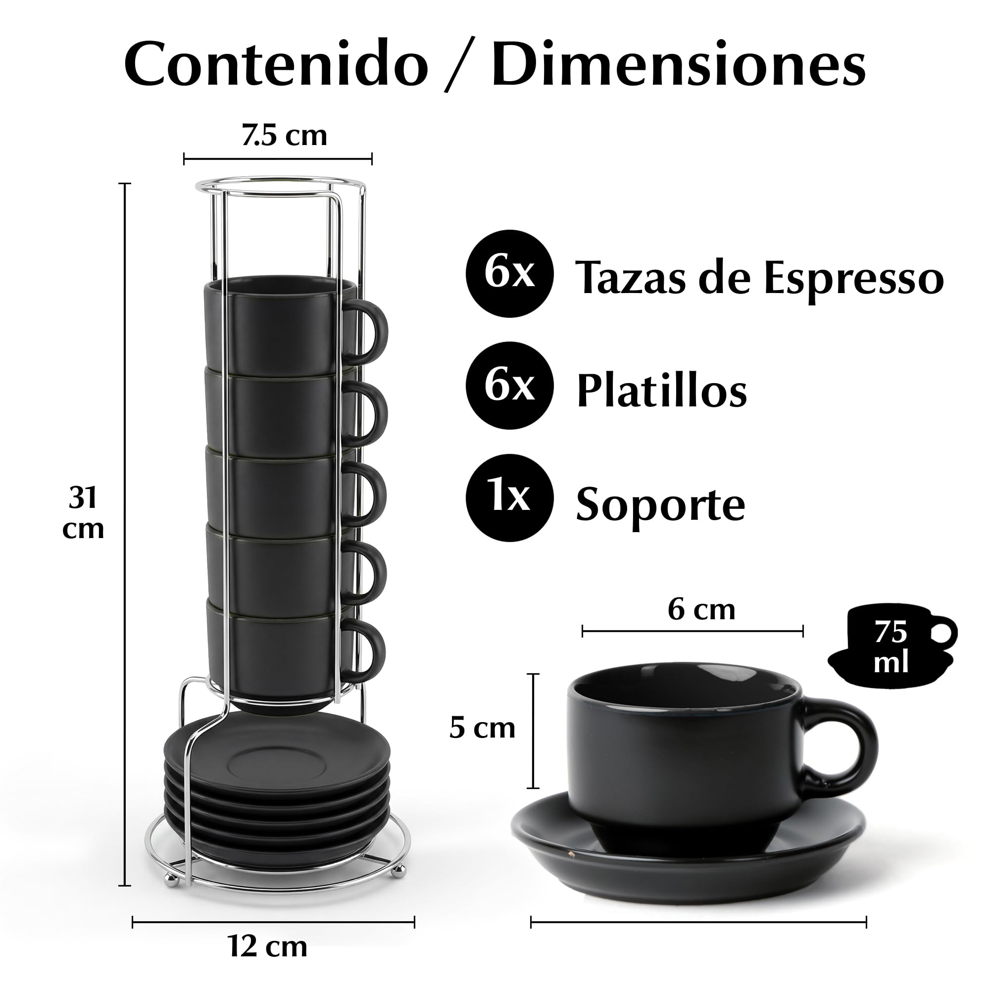MIAMIO 6 x 75 ml Tazas Cafe Espresso De Cerámica de Gres - Juego De Tazas De Café con Plato - Le Papillon Colección (Negro)