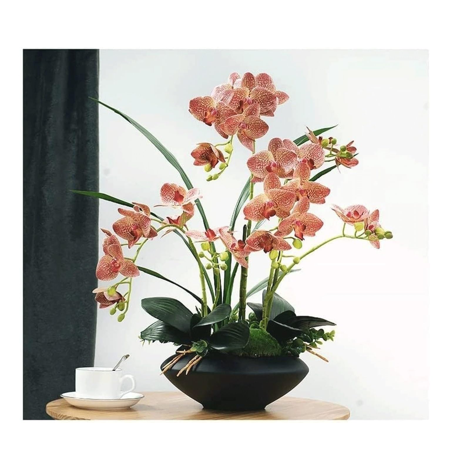 MYUYEE Artificial Phalaenopsis Flowers In Black Pot, Realistic Faux Orchid Flowers Potted Plants For Table Centerpiece Home Office Decor Indoor(Rot)