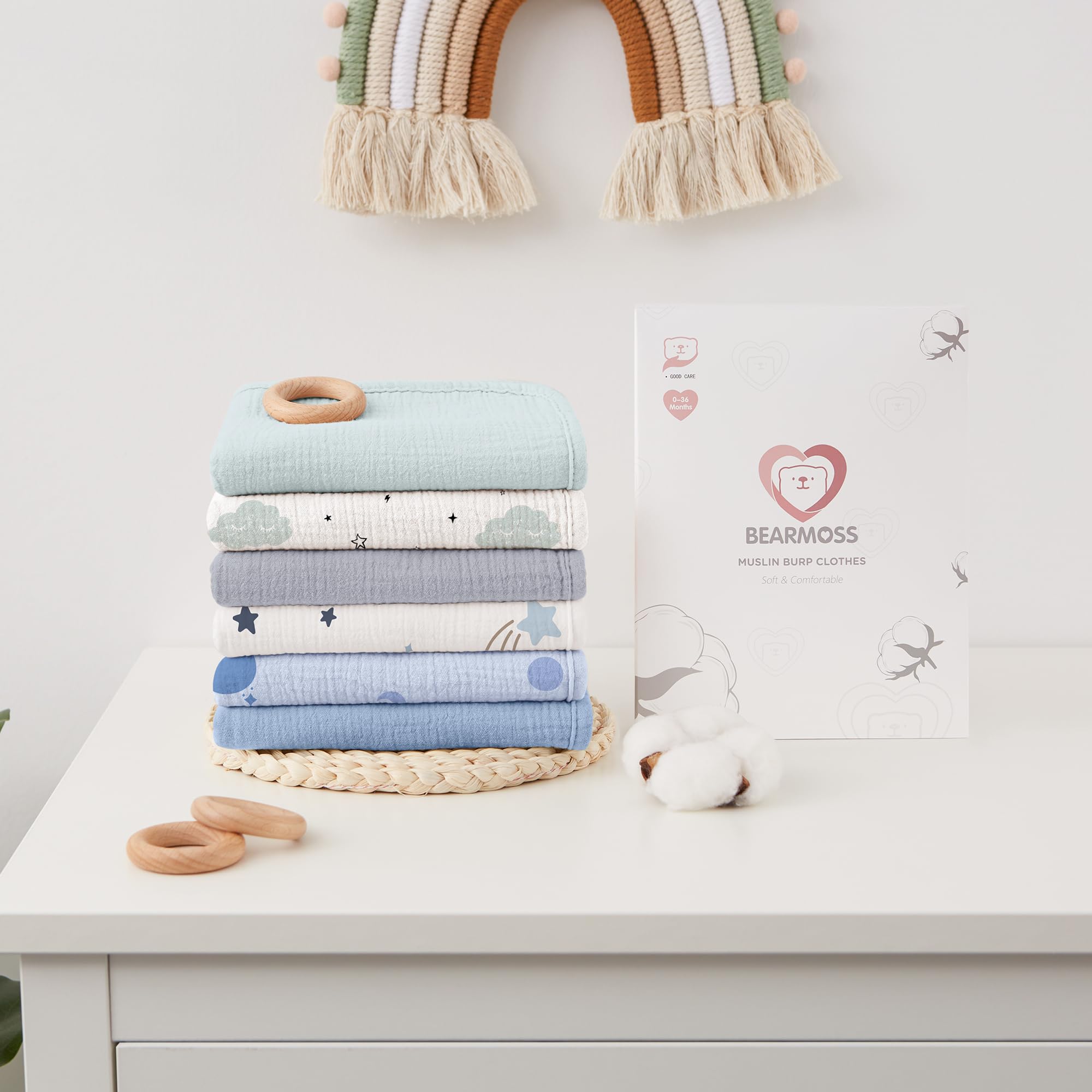 bearmoss Bambino in Mussola Per Neonati, 6 Pezzi, Set 50 X 25 Cm, Super Morbido Assorbente in Mussola A Grana Per Neonati, Unisex, Per Bambine E Ragazzi (blu)