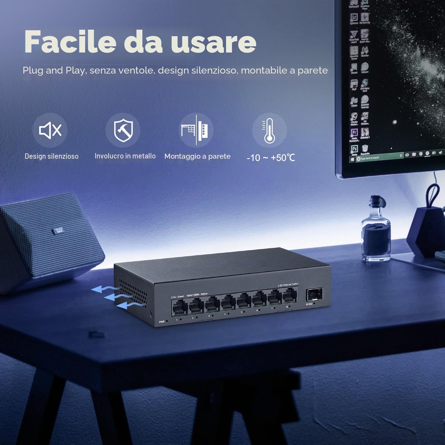 YuLinca Switch non gestito a 8 porte 2.5G, 8 porte 2.5GBASE-T con 10G SFP+, capacità di commutazione 60 Gbps, switch di rete Plug & Play 2.5 Gb senza ventola