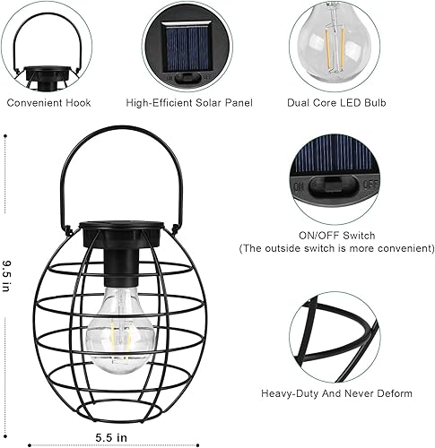 Miniatura 2 de shumi Luces solares para exteriores, paquete de 2 faroles solares colgantes de metal para exteriores, impermeables, alimentadas por energía solar,