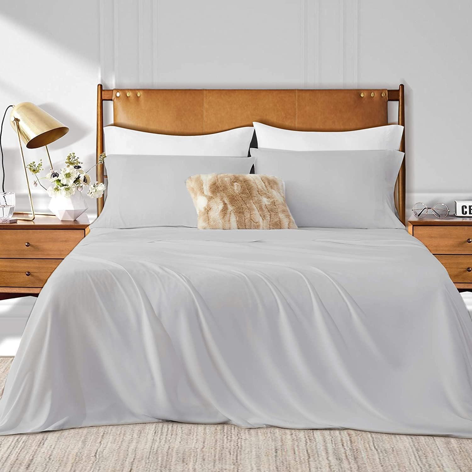 eBeddy Linens Expanded Queen Sheet Set Certified Egyptian Cotton 800 TC Soft and Silky Bed Sheet with Fitted Sheet, Flat Sheet, 2 Pillow Cases Fit up to 18 Inch Deep Pocket, Silver Solid