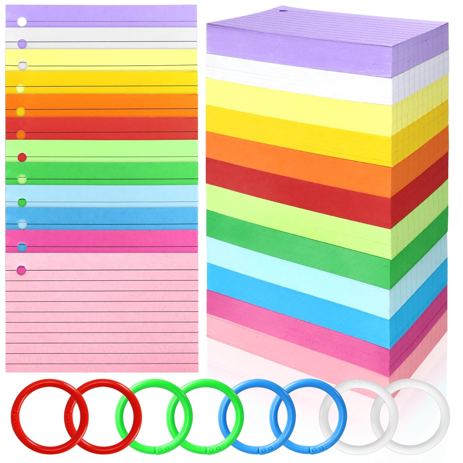 Tecmisse Tarjetas de índice coloridas a granel, 1200 hojas de tarjetas flash con anillos, tarjetas de índice rayadas de 3 x 5 pulgadas, tarjetas de estudio para suministros de aprendizaje y oficina,