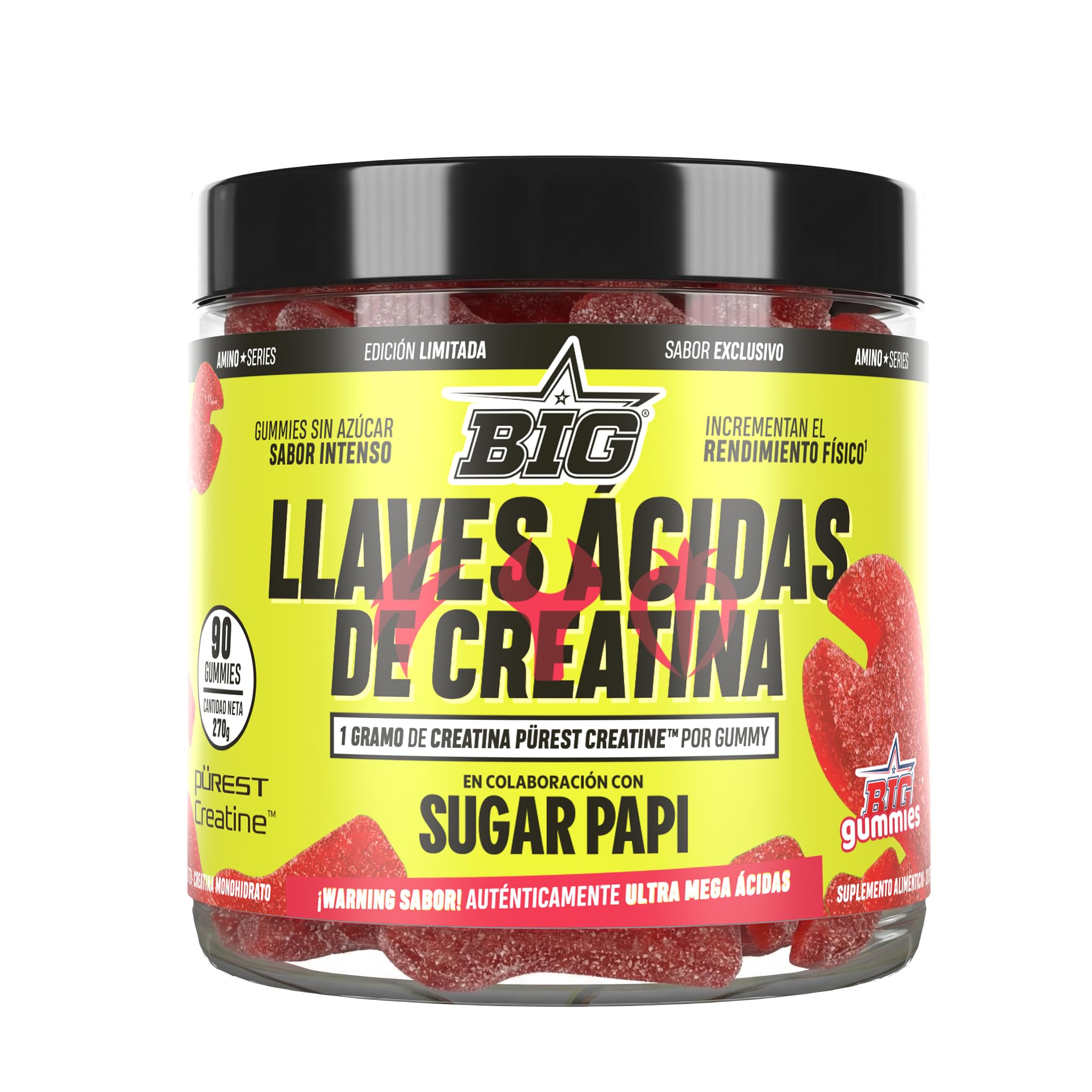 BIG x SUGAR PAPI Gominolas de Creatina Monohidratada Llave Ácida para Rendimiento Físico y Fuerza Muscular, 90 Gominolas Sin Azúcar y Sin Gluten Edición Especial