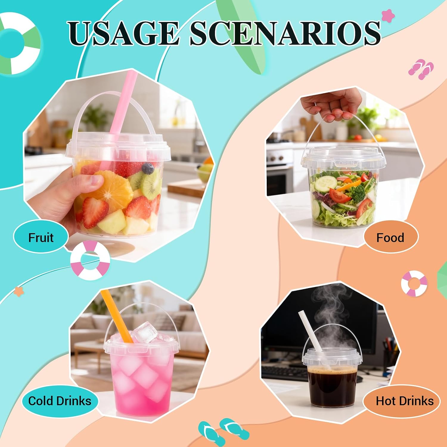 ASEVAT 10 Pack 34oz Clear Plastic Drink Buckets with Dual-Lid System, Reusable 1L Cups with Lids and Straws, Leakproof Bucket Cups for Boba Bubble Tea, Smoothies, Iced Coffee image 4