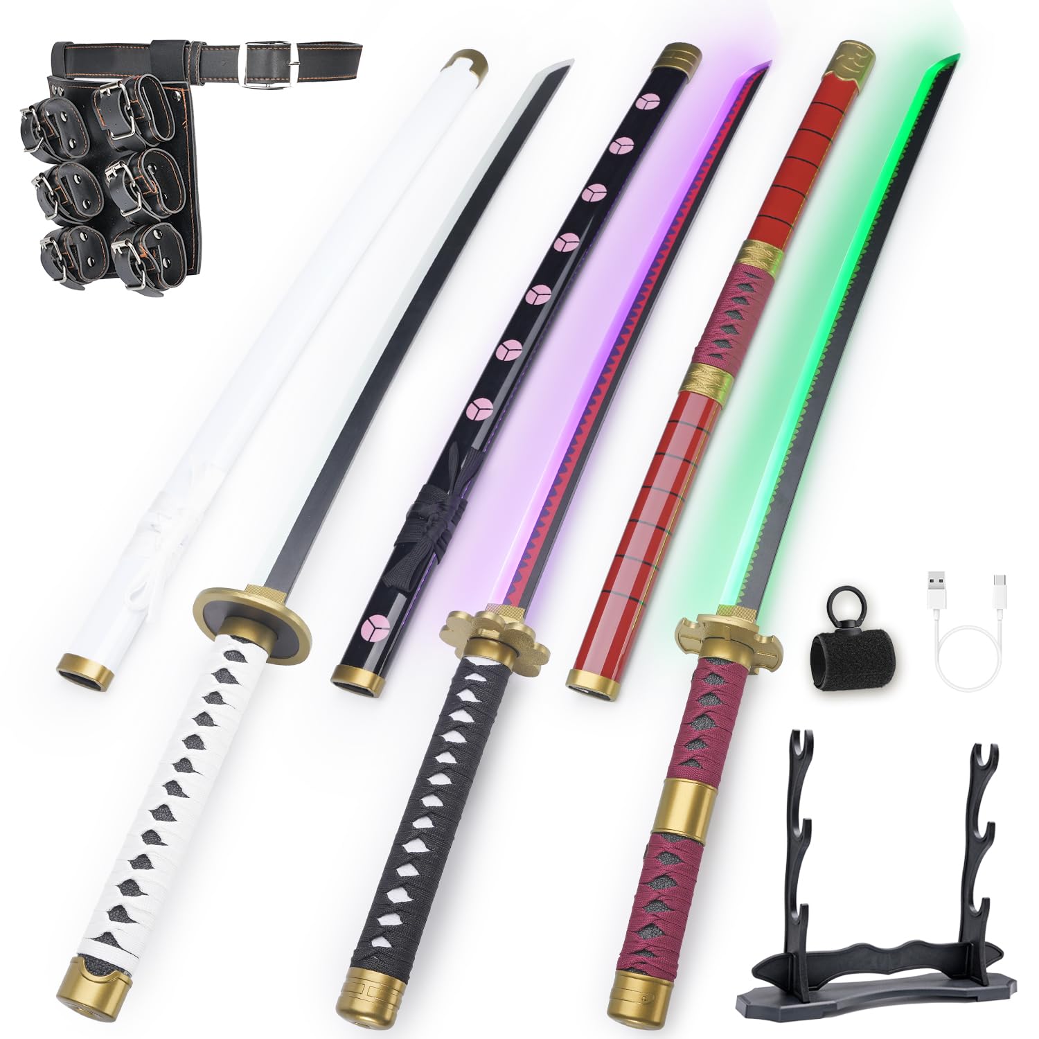 RENGENG Light Up Sword, 40 Inches Rechargeable Pre-Assembled Plastic Replica Anime Sword with Belt & Stand & Spinner