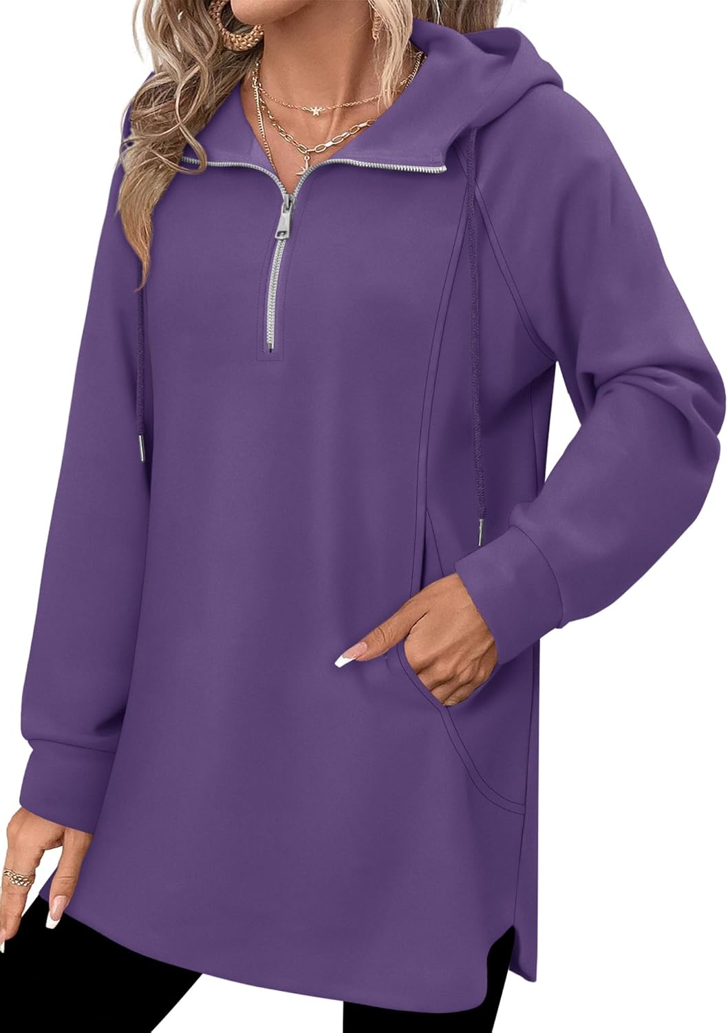 onlypuff Women Hoodie Pullover Trendy Quarter Zipper Lapel Sweatshirts Drawstring Cute Hooded Tunic Tops with Side Pockets - Image 4