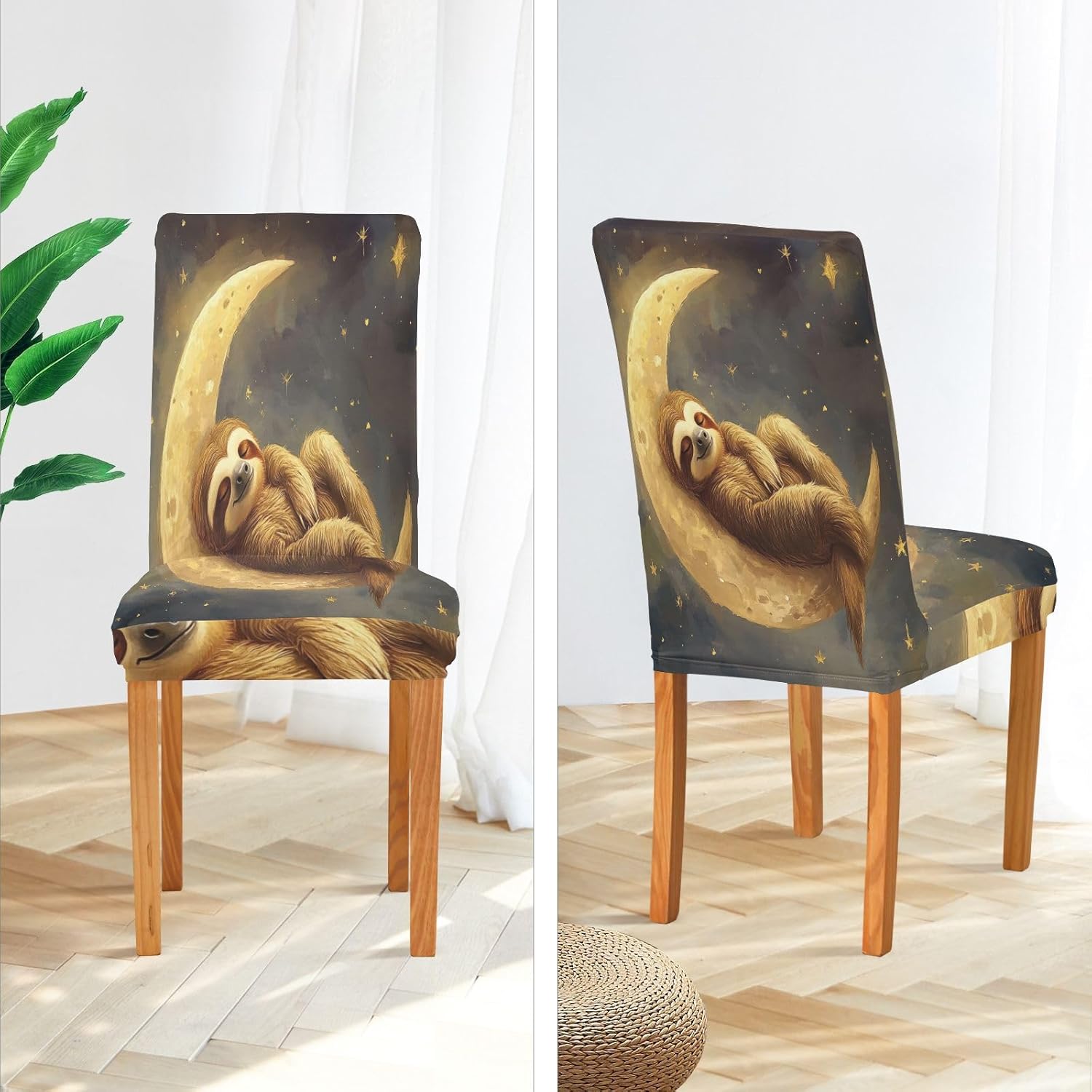 ALAZA Chair Covers for Dining Room, Sloth Sleeping on The Moon Stretch Chair Cover Sets Chair Protector Removable Washable for Ktichen Restaurant Hotel