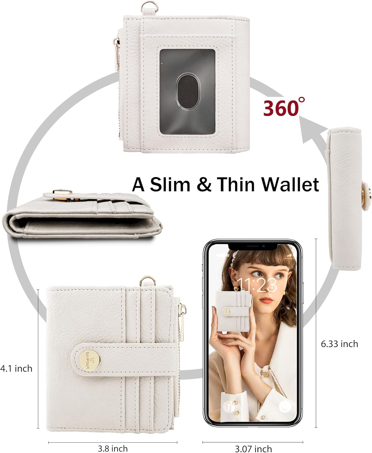 Sunpour Small Wristlet Wallets for Women Keychain Wristlet Wallet RFID Blocking Key Chain Wallet With Zipper Coin Pocket,2 Id Window (Beige) - Image 3