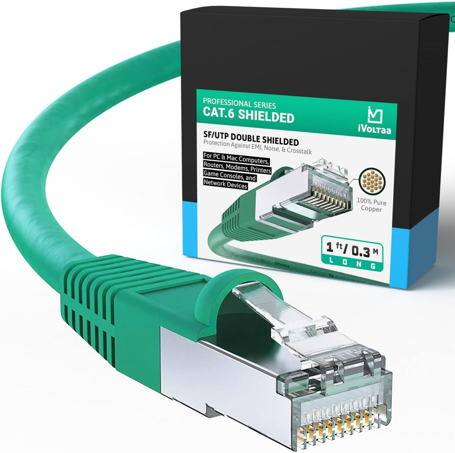 iVoltaa Ethernet Cable CAT6A Cable Dual Shielded (SF/UTP), 100% Copper, Professional Series - 10 Gbps LAN Network/High Speed Internet Cable, 550MHZ - 20 feet (6.0 m)