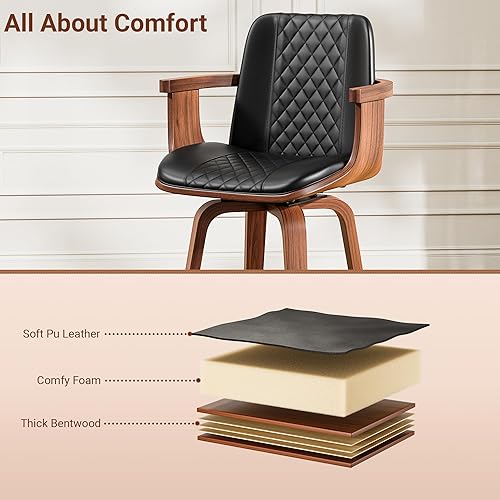 Miniatura 6 de Bar Stools Set of 2, 26" Bentwood Barstools with Arms, Mid-Century Modern Counter Height Swivel Bar Chairs, PU Leather Barstools with Back &