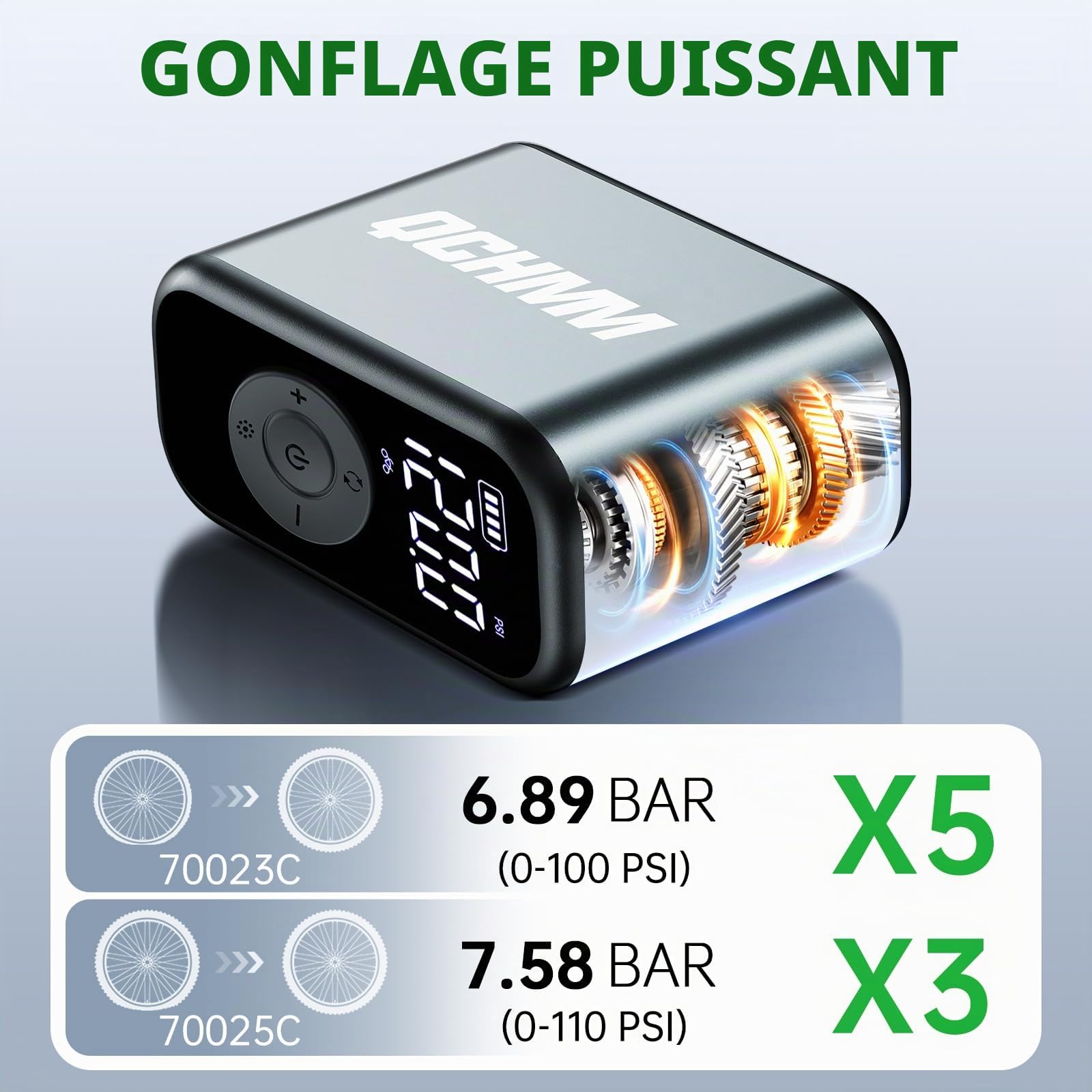 Pompe vélo électrique avec Manometre de 120PSI, PSI/Bar | Mini Pompe à vélo Portable avec Valve Presta et Schrader, de Route, VTT, vélos de Ville et vélos électriques, Auto off