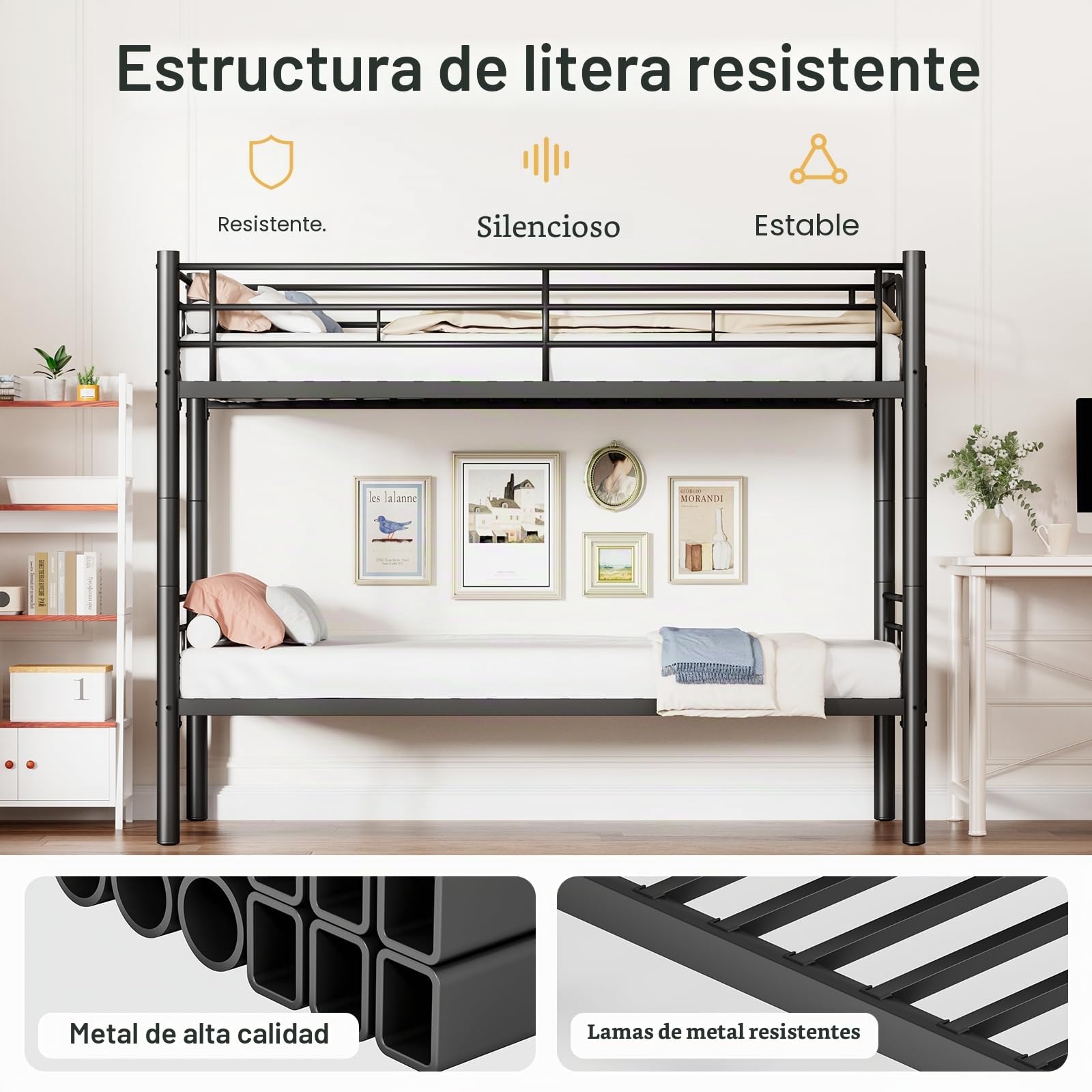 Litera de metal de 90 x 200 cm, se puede dividir en dos camas individuales, litera con escalera y protección anticaídas para adolescentes y adultos, color negro